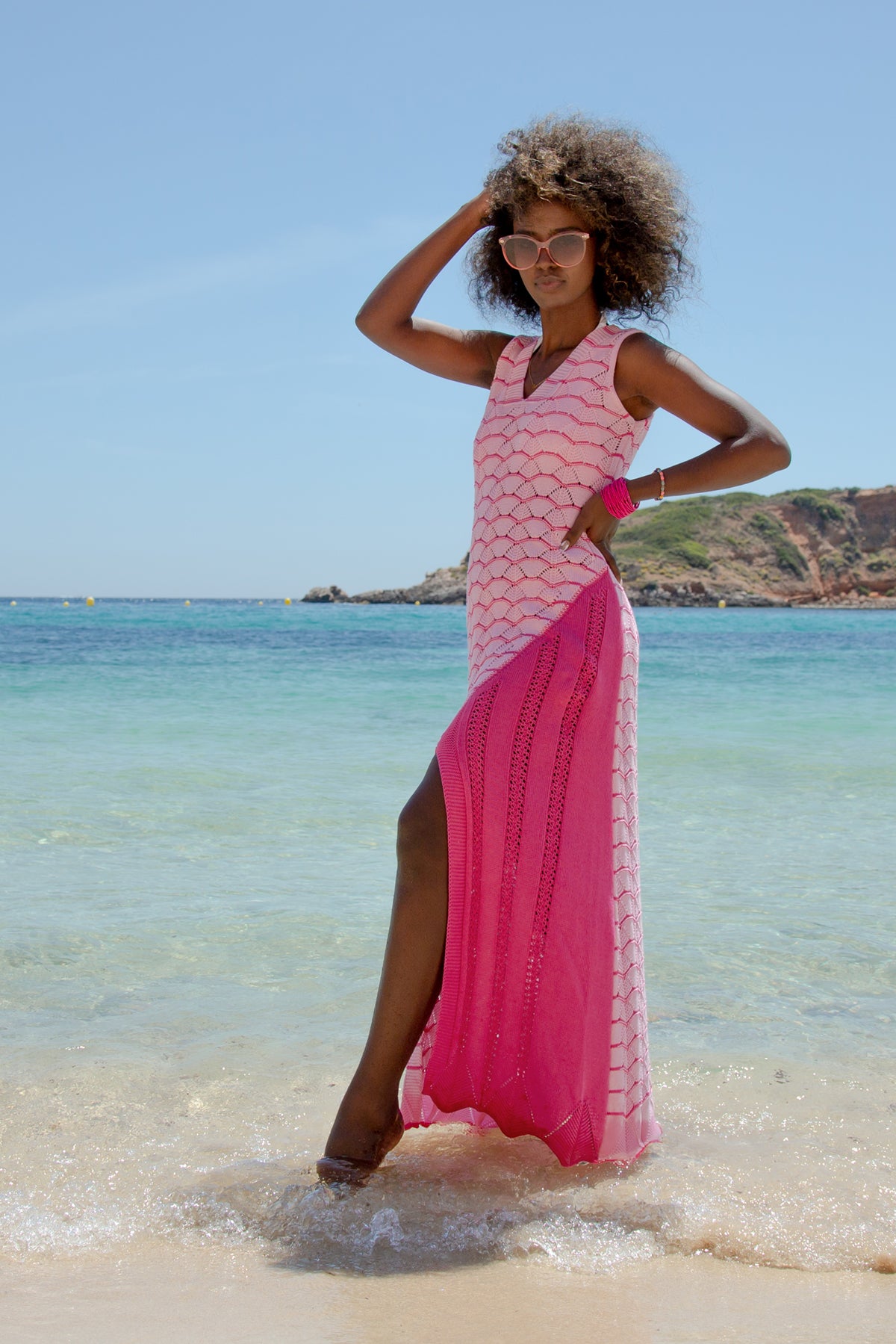 Długa ażurowa letnia sukienka candypink różowy - 8