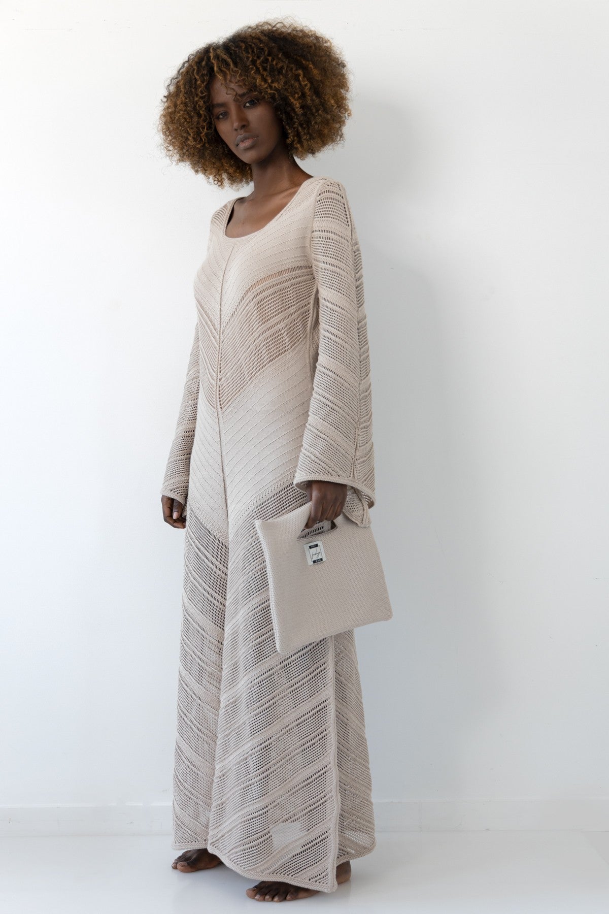 Długa ażurowa sukienka boho beżowy - 8