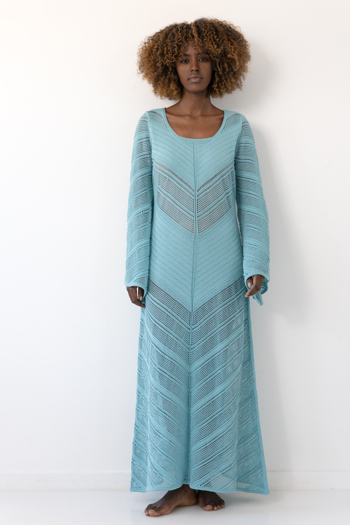 Długa ażurowa sukienka boho niebieski - 3