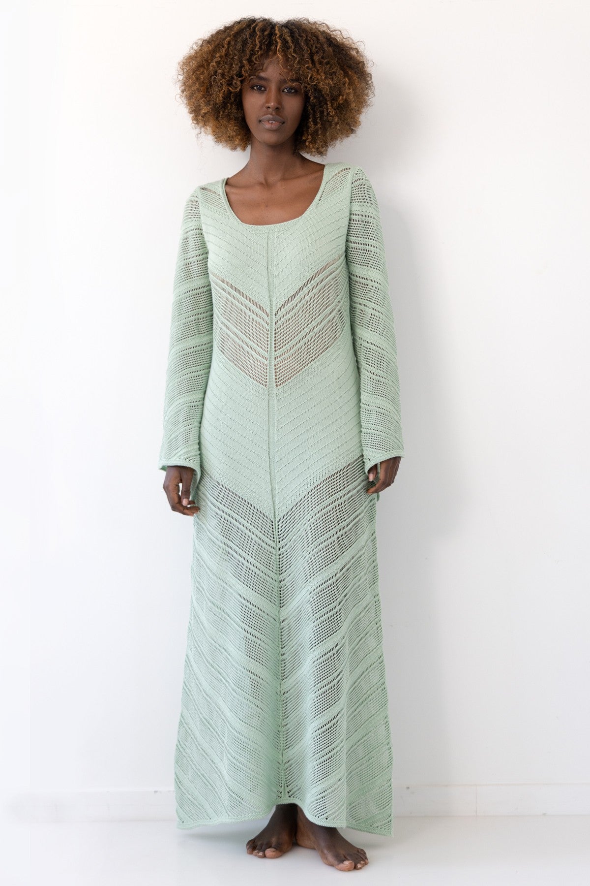 Długa ażurowa sukienka boho pistacjowy - 3