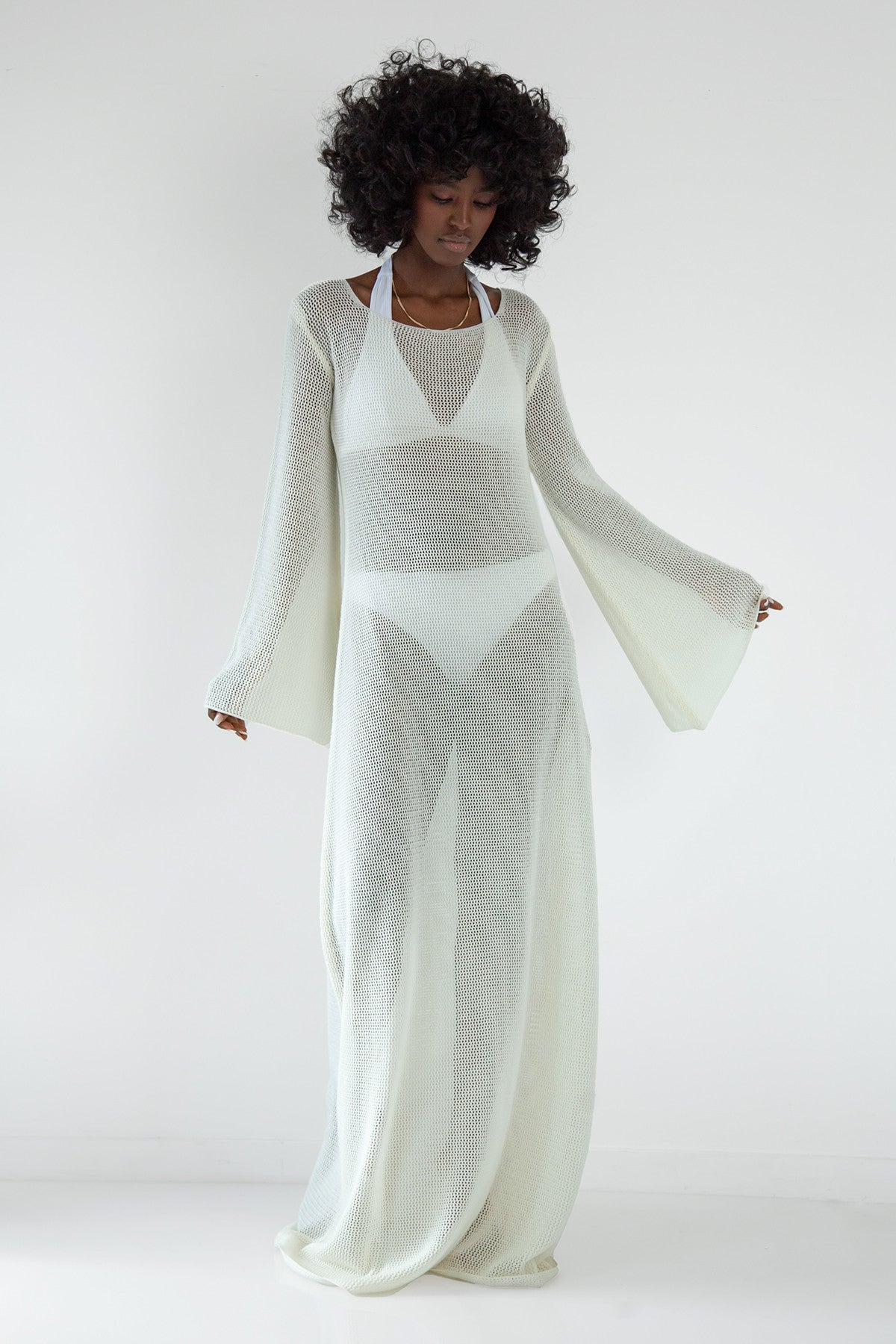 Długa ażurowa sukienka ecru - 2