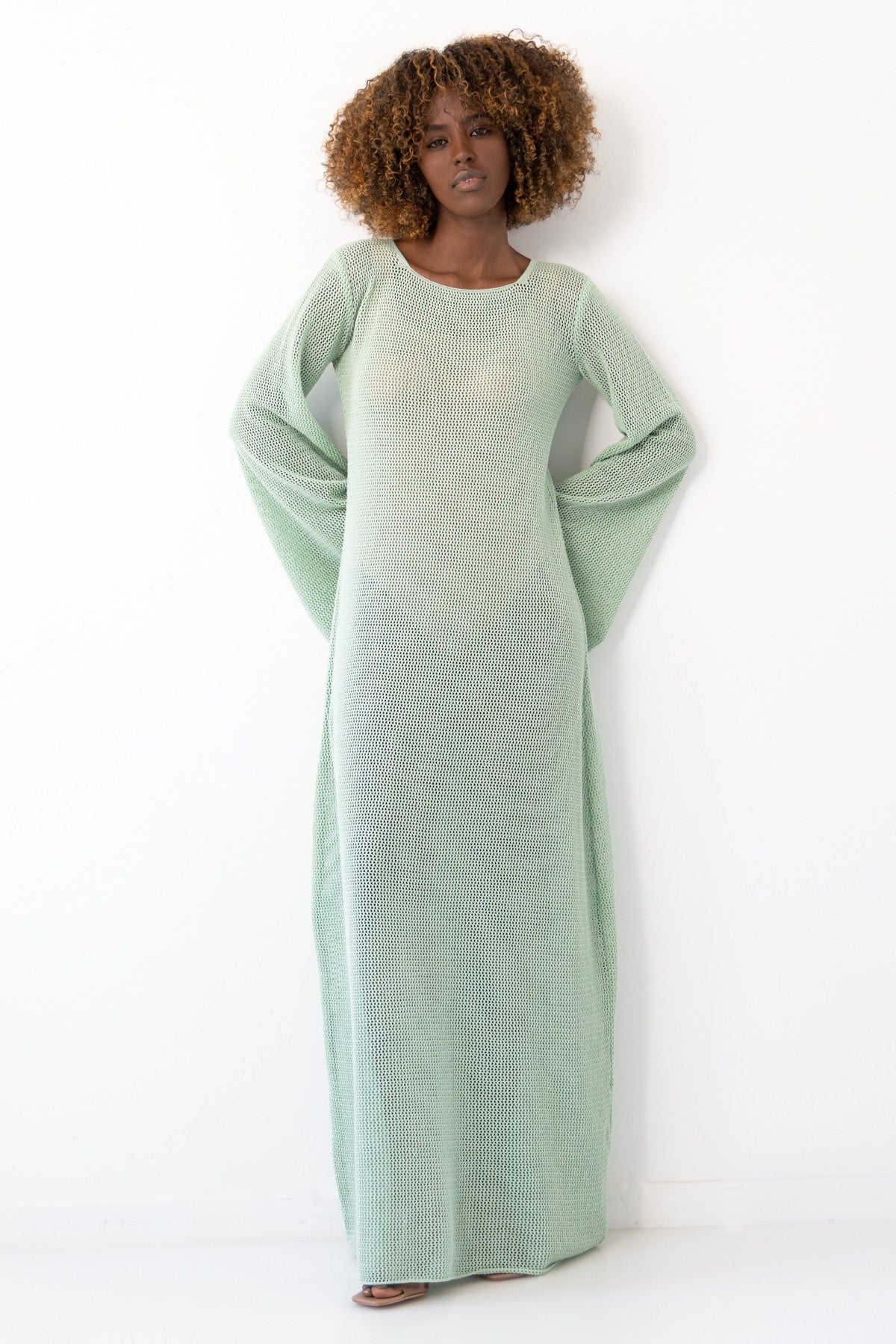 Długa ażurowa sukienka pistacjowy - 6
