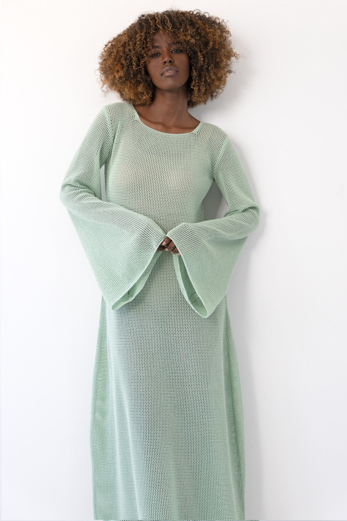 Długa ażurowa sukienka pistacjowy - 2