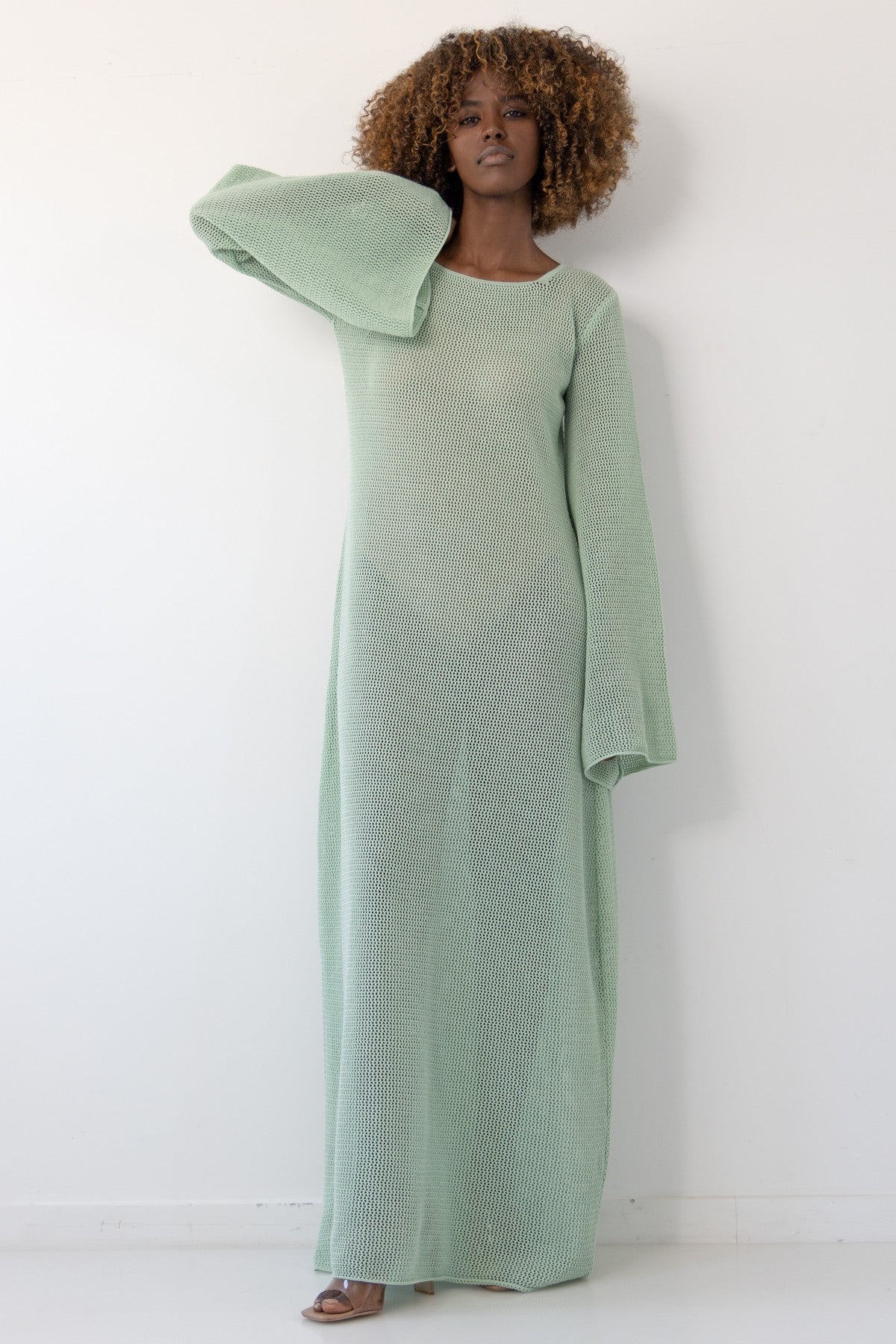 Długa ażurowa sukienka pistacjowy - 4