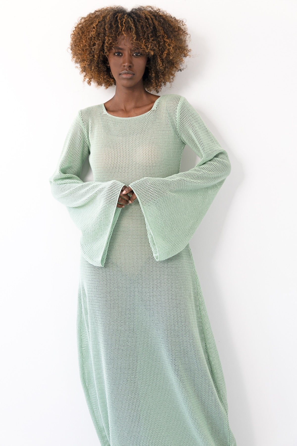 Długa ażurowa sukienka pistacjowy - 7