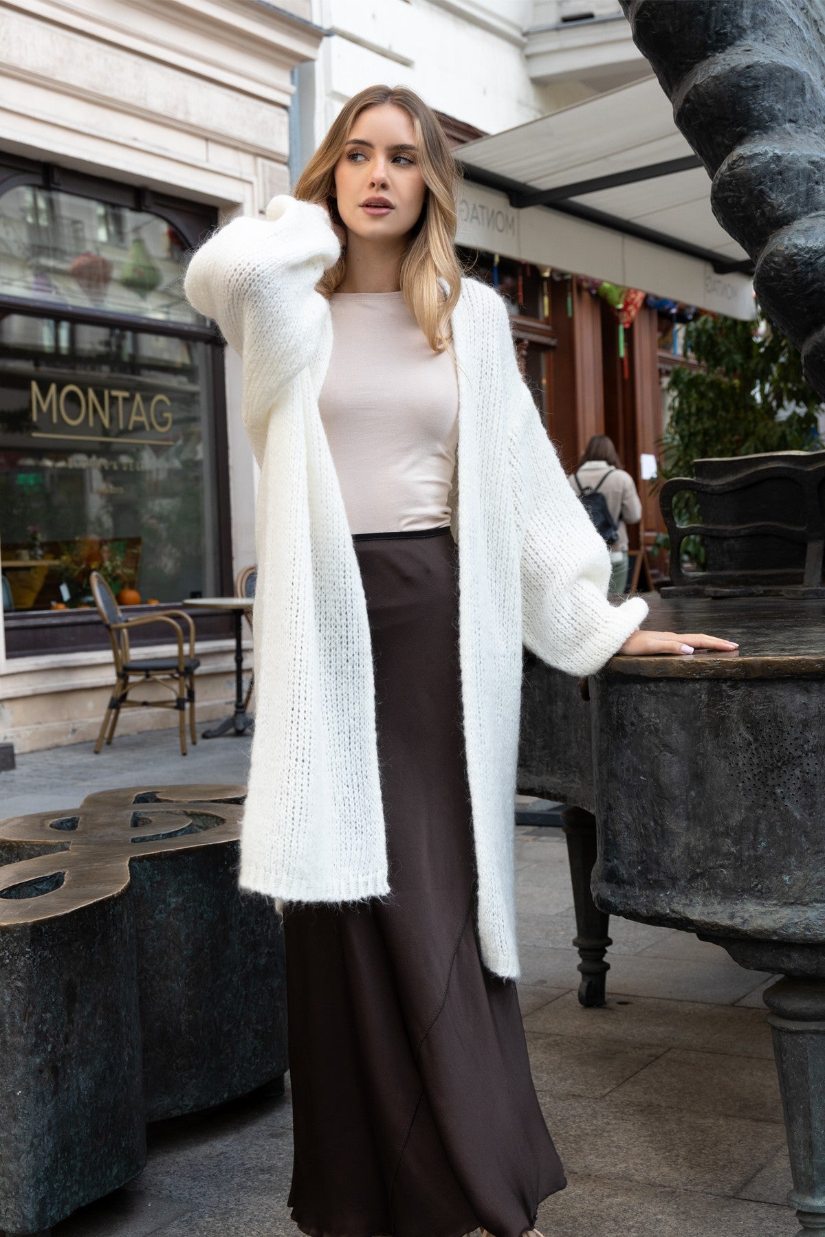 Długi wełniany kardigan ecru - 3