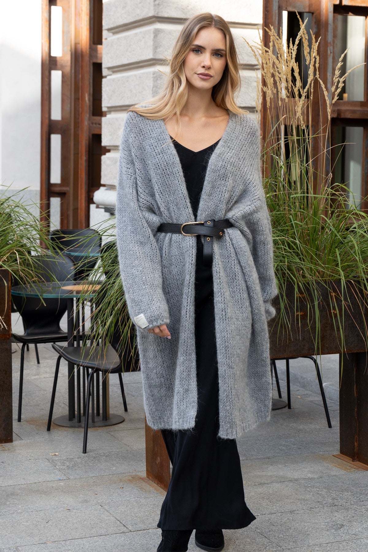 Długi wełniany kardigan grafitowy - 1