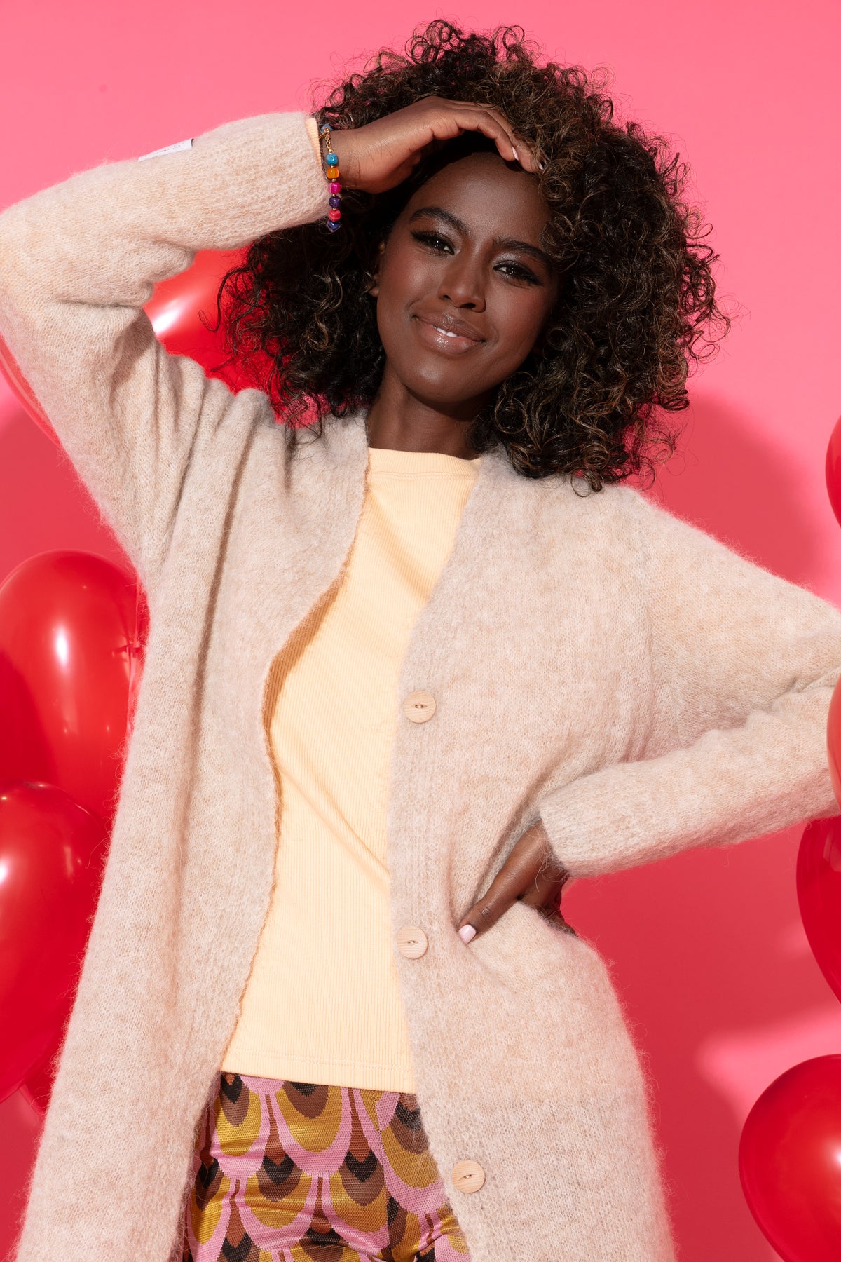 Elegancki zapinany Kardigan z wełny alpaki beżowy - 6