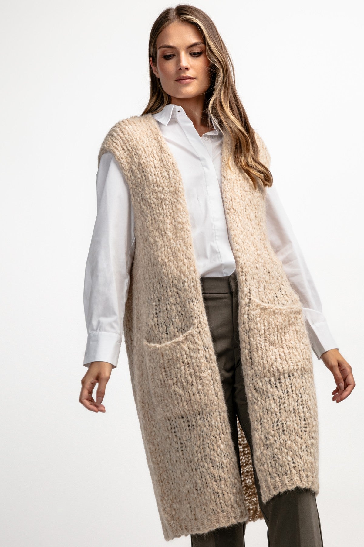 Kamizelka z niefarbowanej wełny alpaki z kieszeniami beżowy - 1