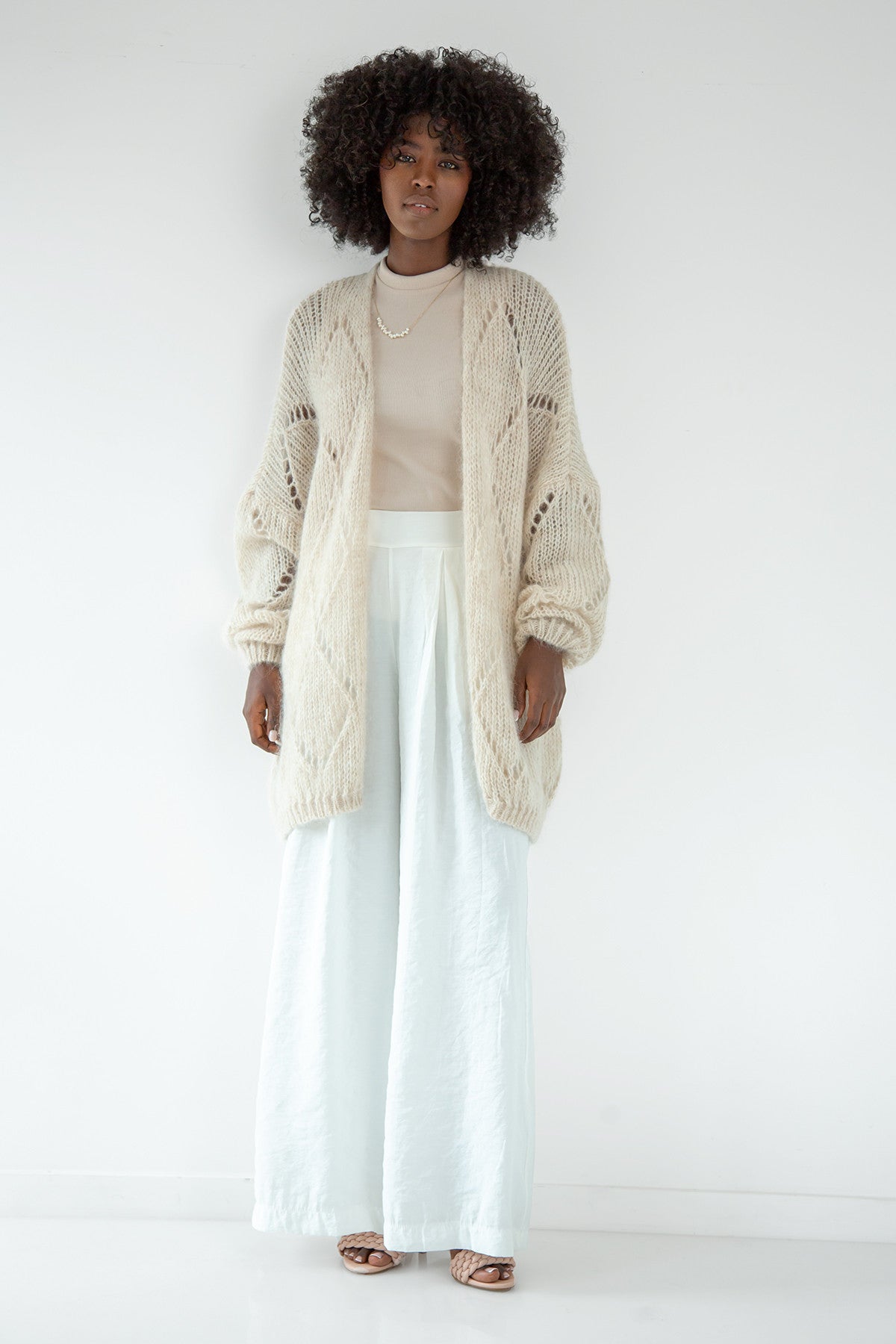 Kardigan ażurowy klasyczny z wełny alpaki beżowy - 1