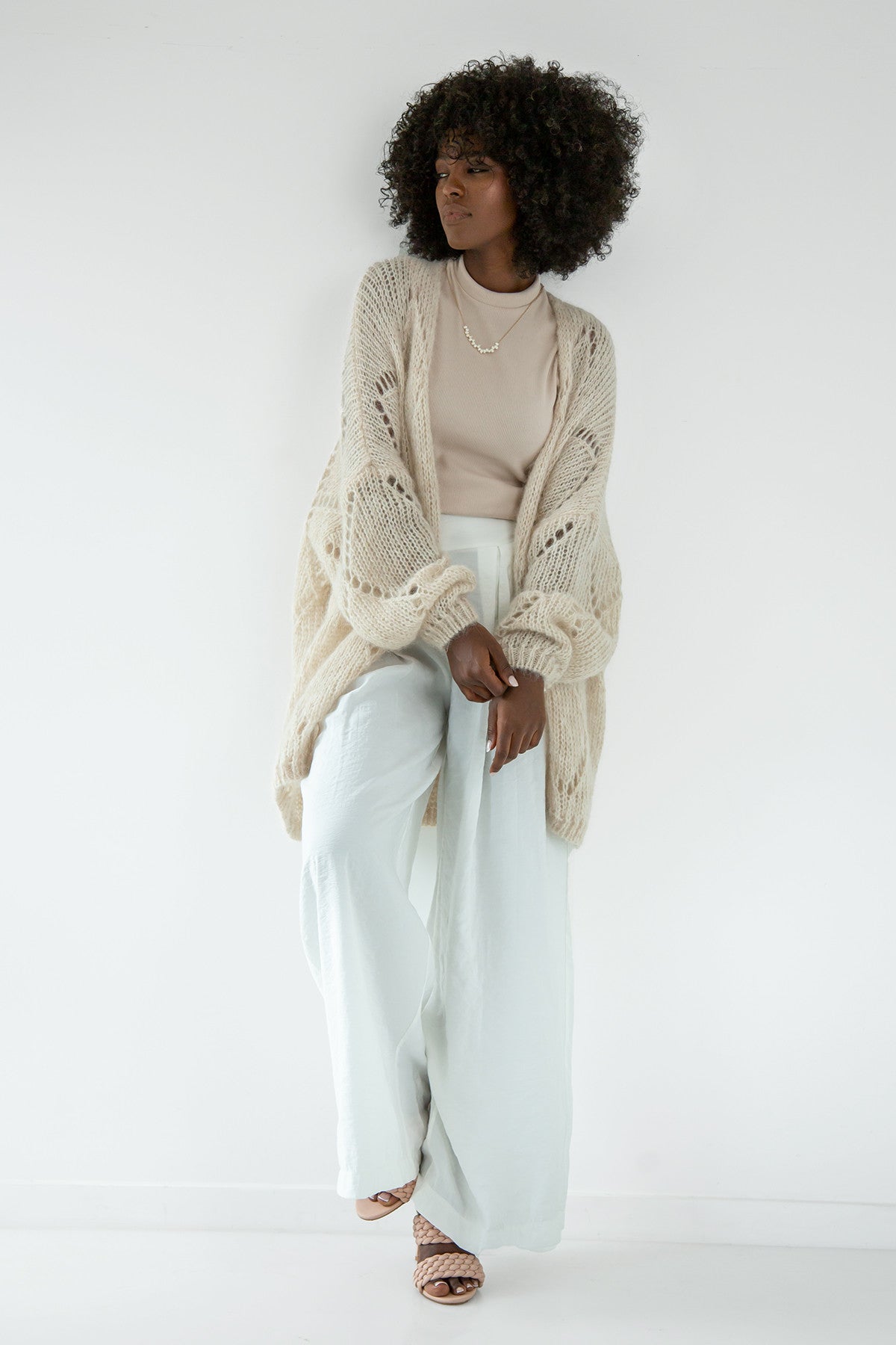 Kardigan ażurowy klasyczny z wełny alpaki beżowy - 3