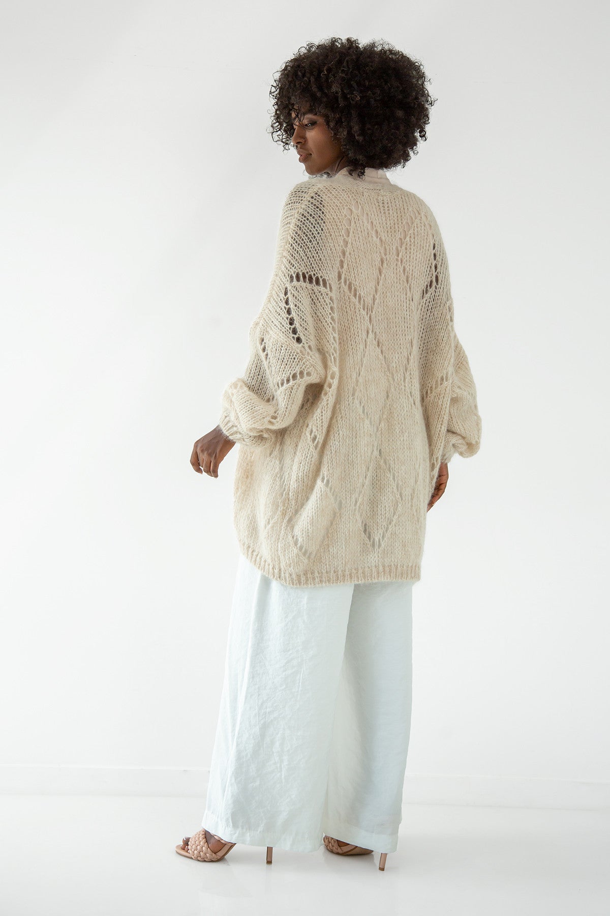 Kardigan ażurowy klasyczny z wełny alpaki beżowy - 4