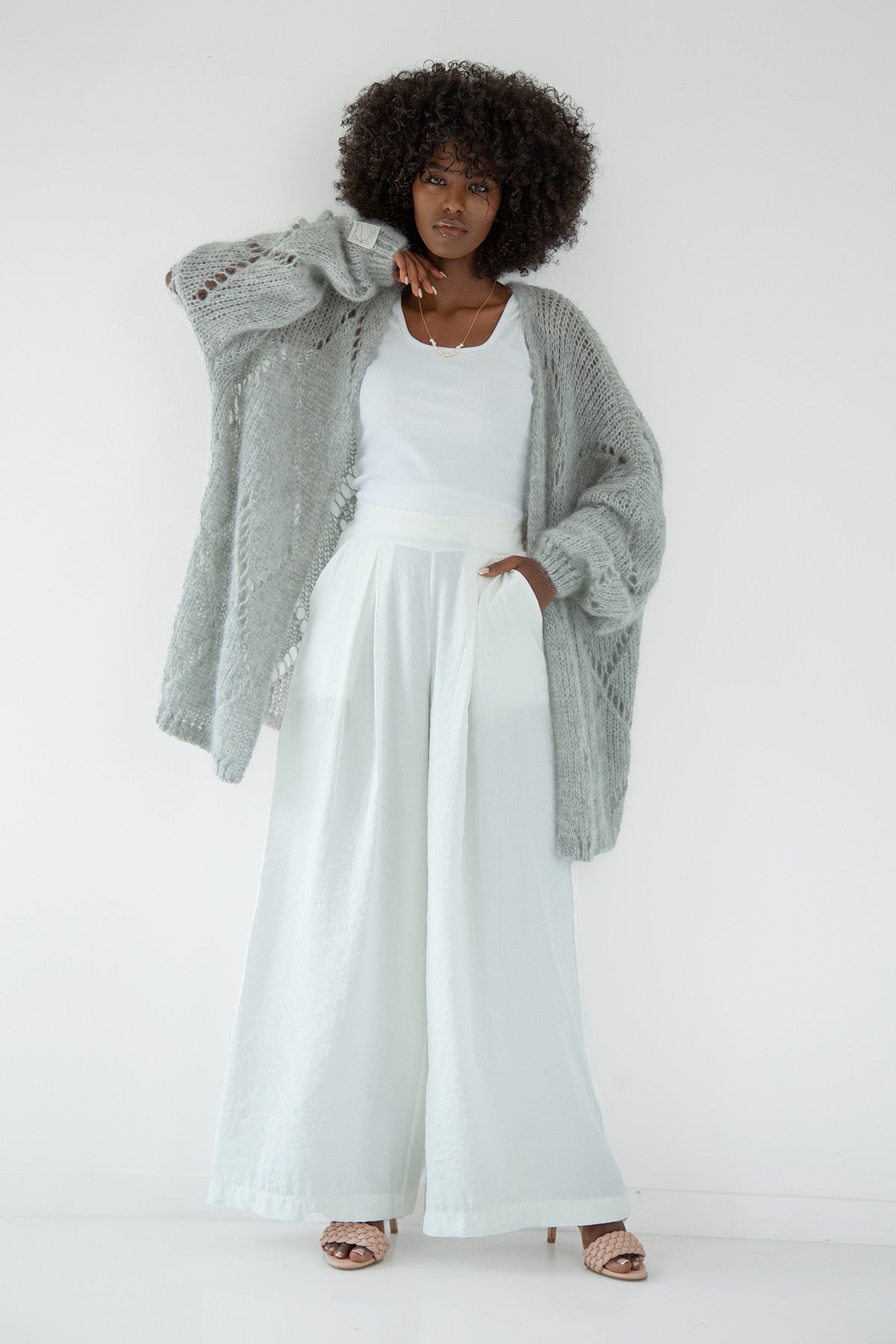 Kardigan ażurowy klasyczny z wełny alpaki szary - 5