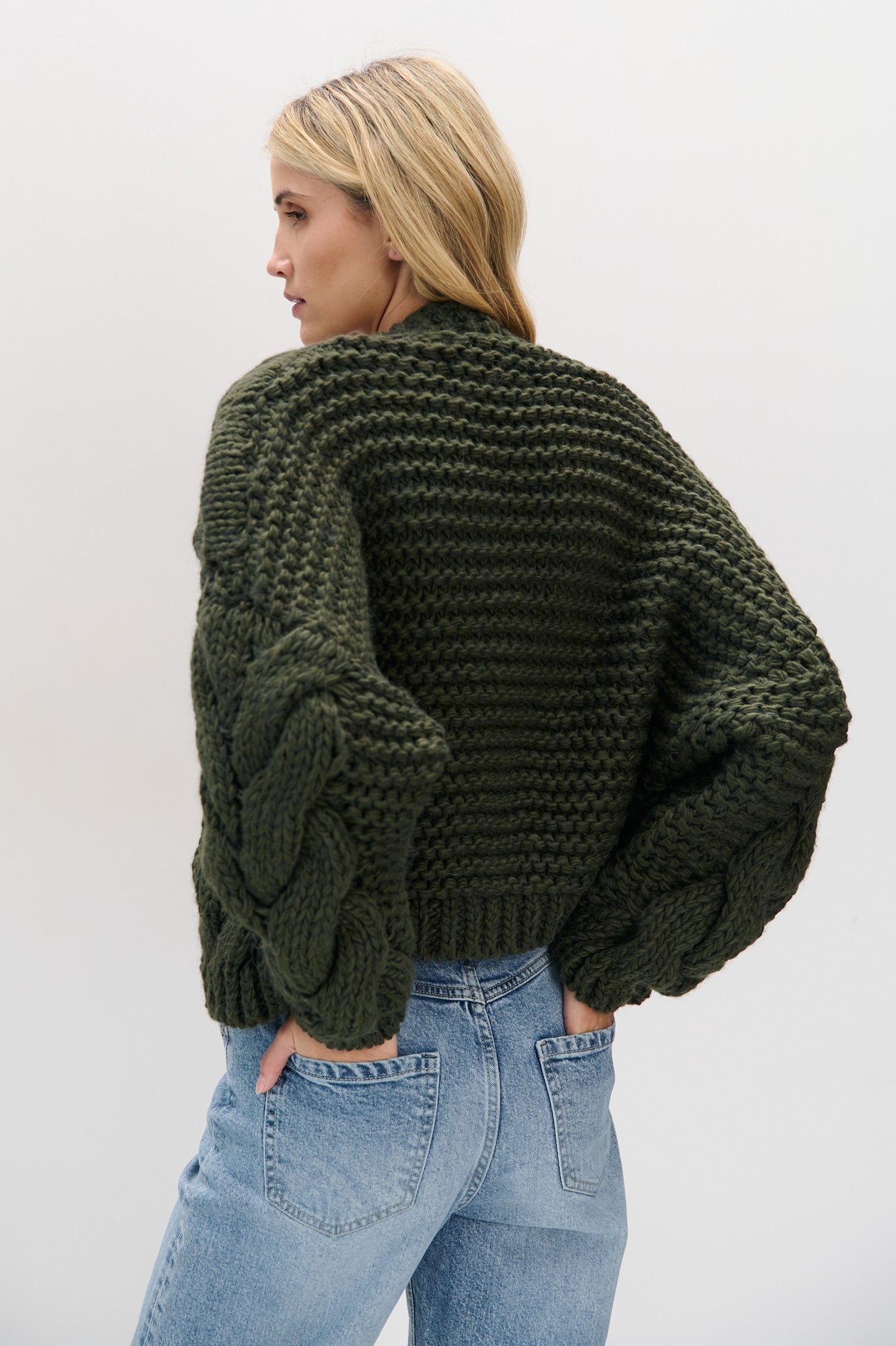 Kardigan bomberka CHUNKY KNIT oliwka oliwkowy - 5