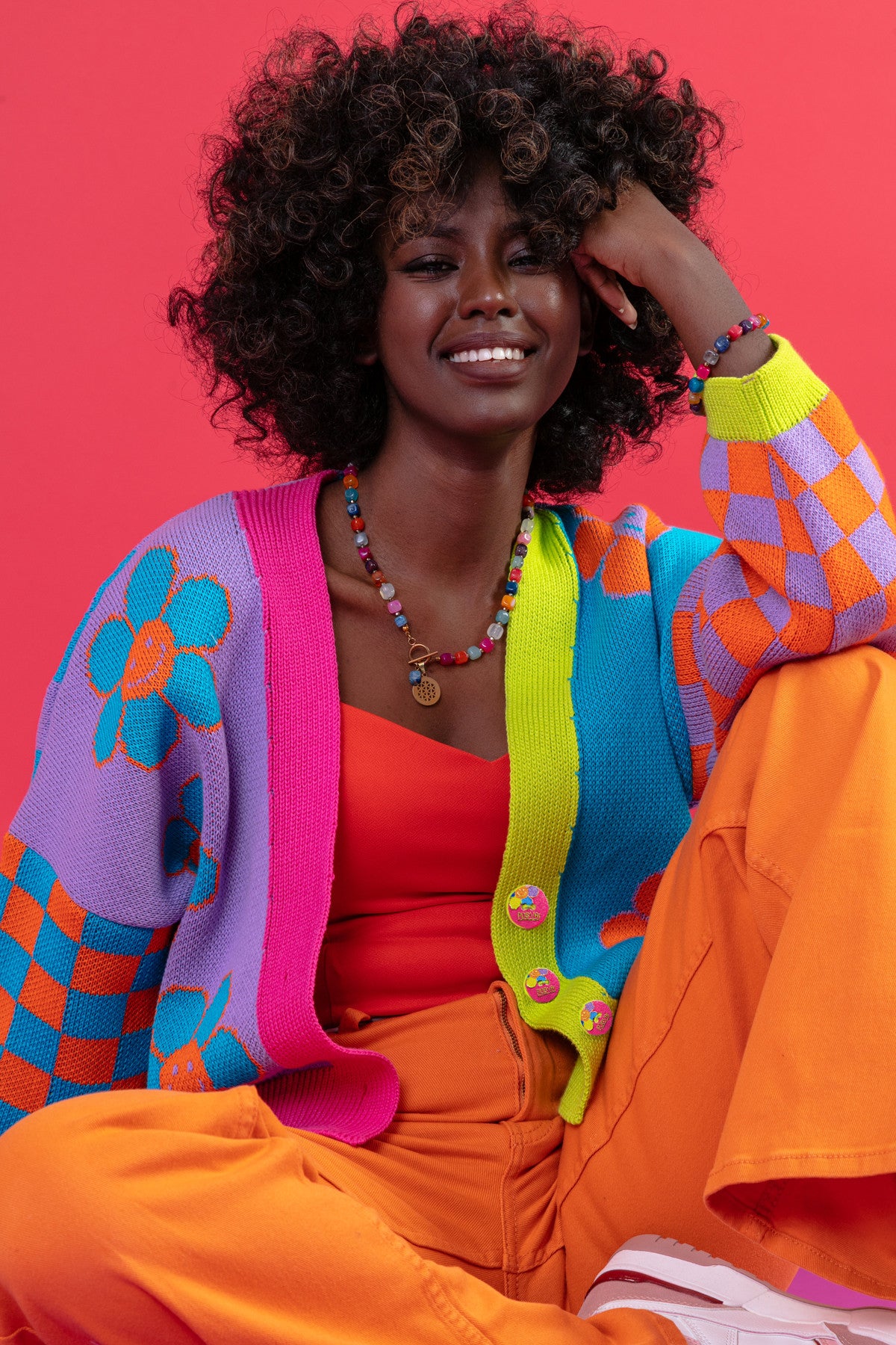 Kardigan w kwiaty - sweter zapinany krótki bawełniany niebieski - 8