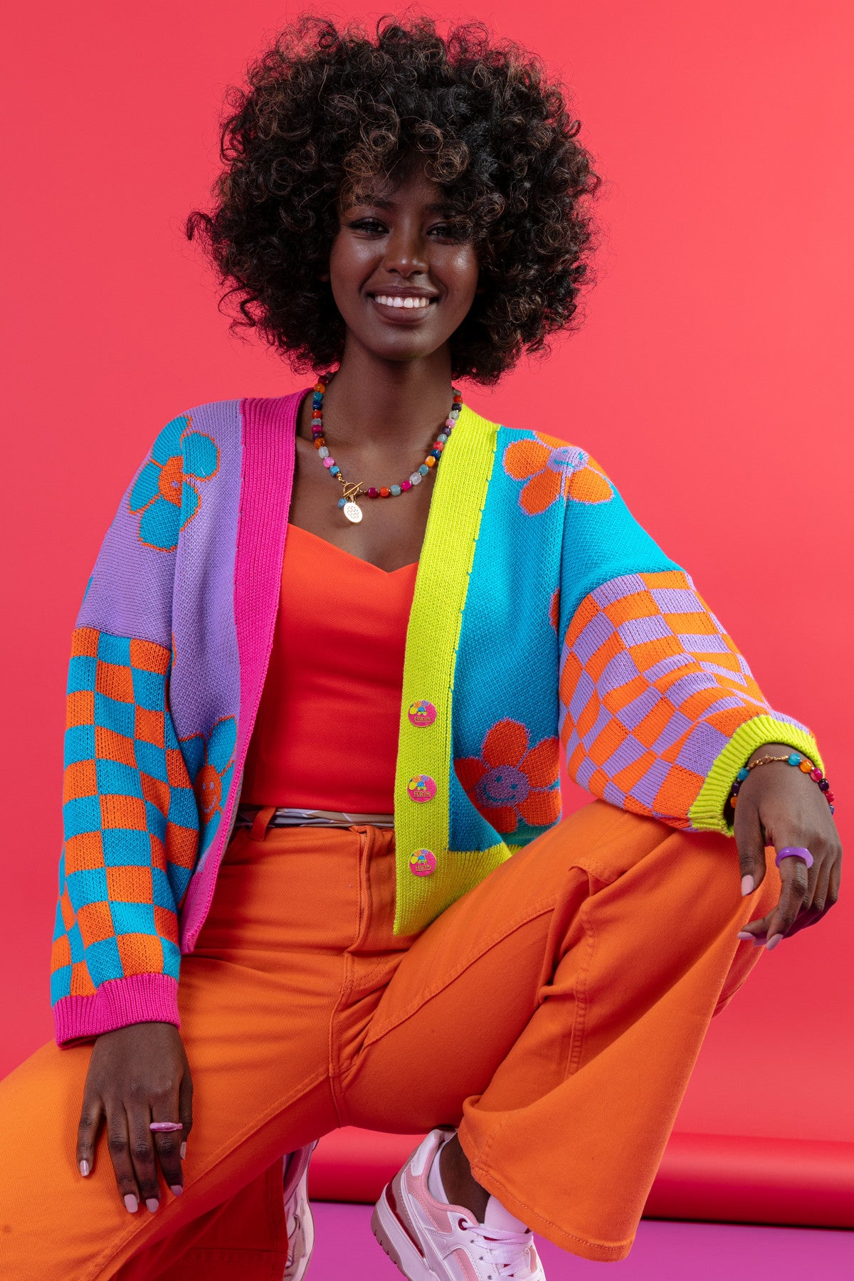 Kardigan w kwiaty - sweter zapinany krótki bawełniany niebieski - 10