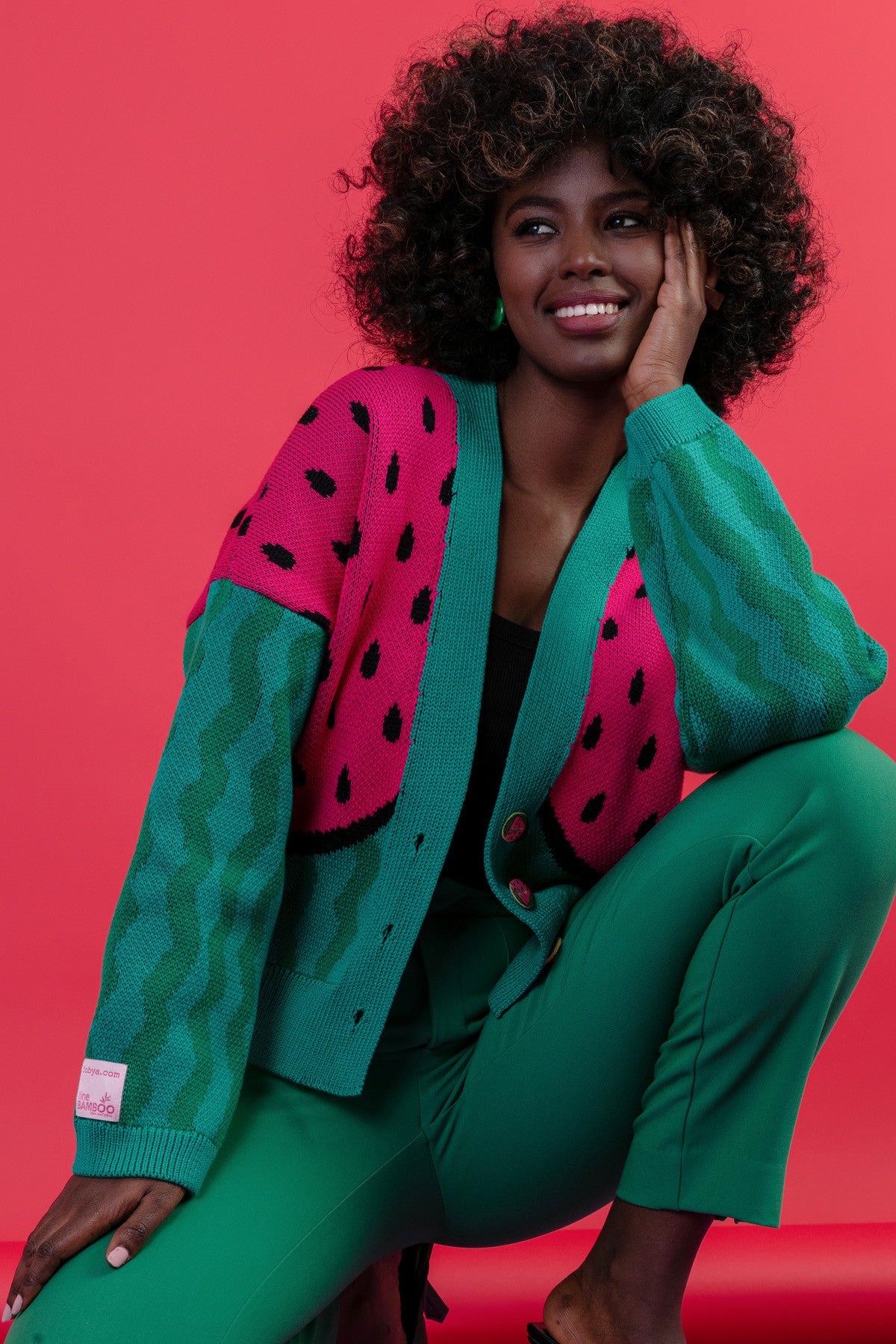 Kardigan z arbuzem - sweter zapinany bawełniany zielony - 4