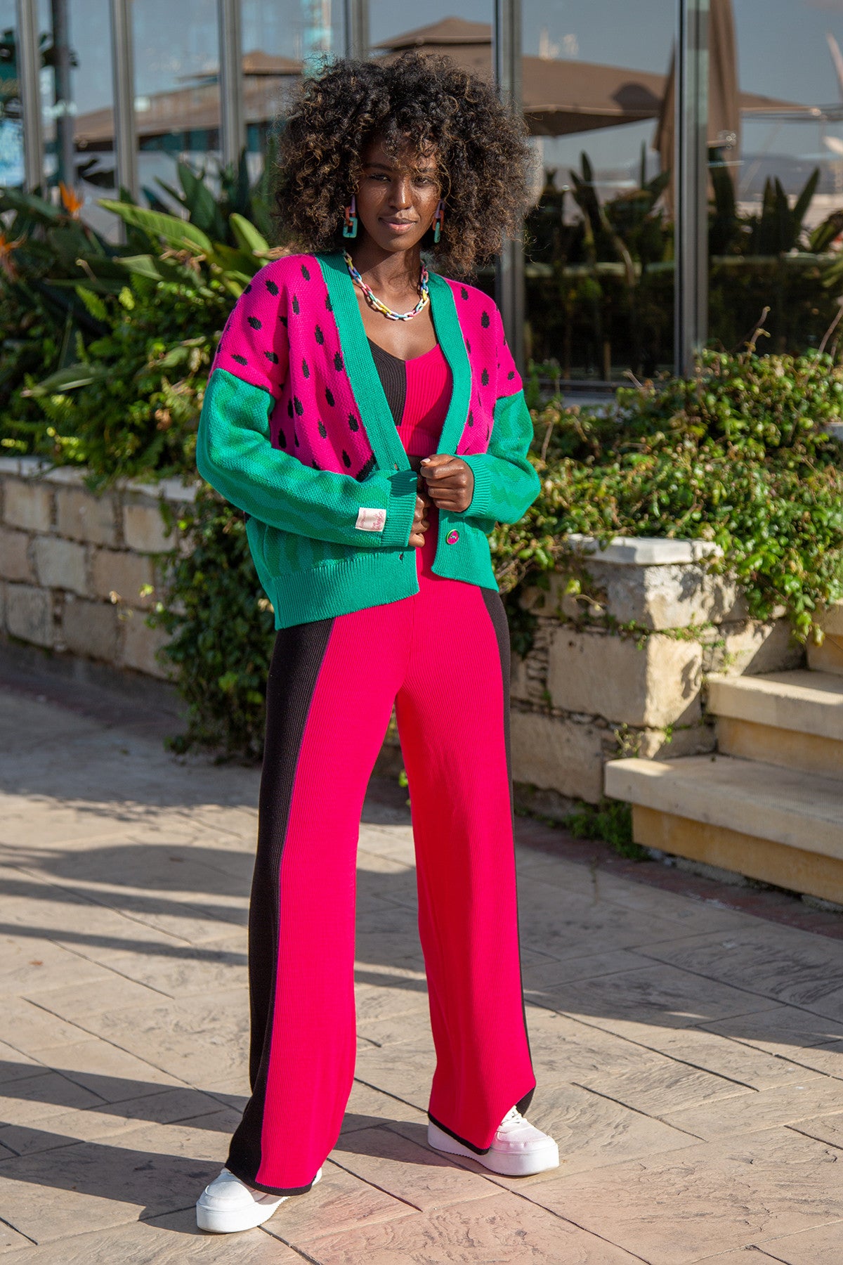 Kardigan z arbuzem - sweter zapinany bawełniany zielony - 2