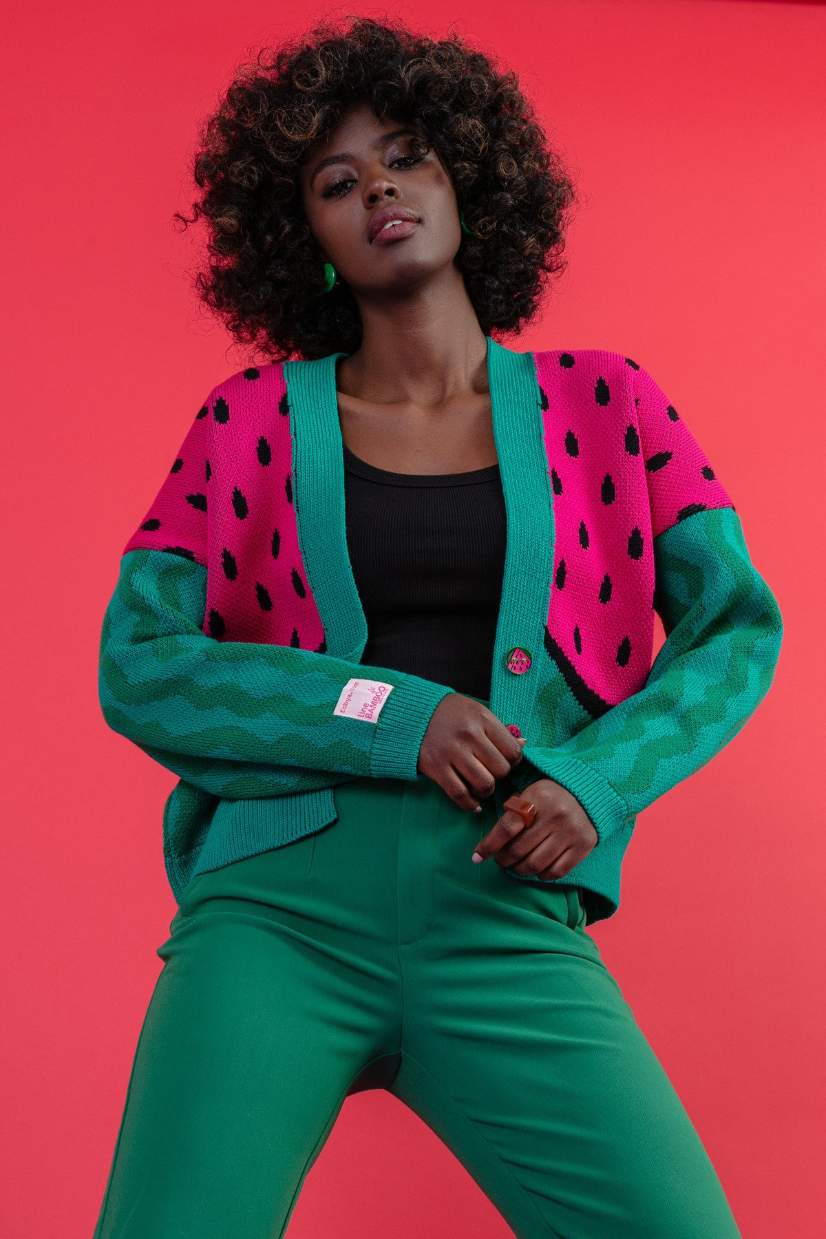 Kardigan z arbuzem - sweter zapinany bawełniany zielony - 7