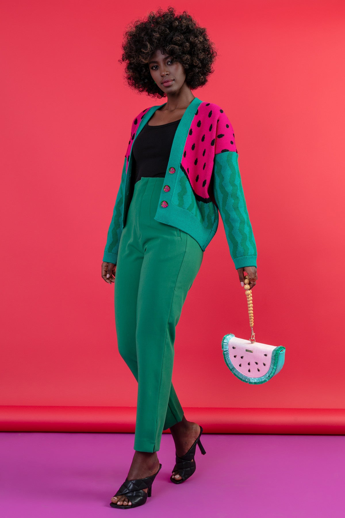 Kardigan z arbuzem - sweter zapinany bawełniany zielony - 5