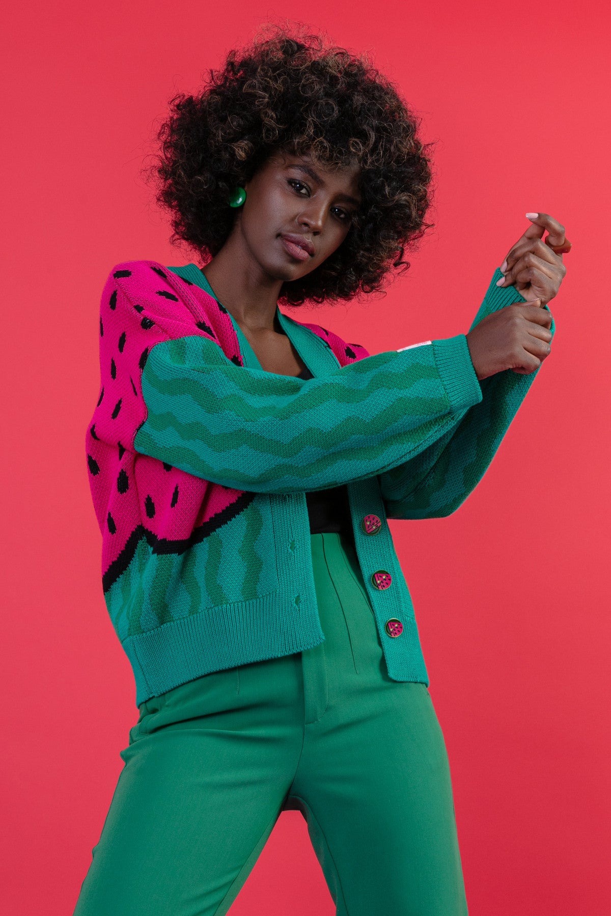 Kardigan z arbuzem - sweter zapinany bawełniany zielony - 11