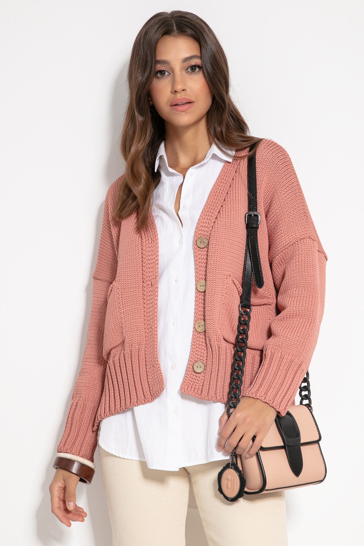 Kardigan z przędzy Recyklingowej morela morelowy - 1