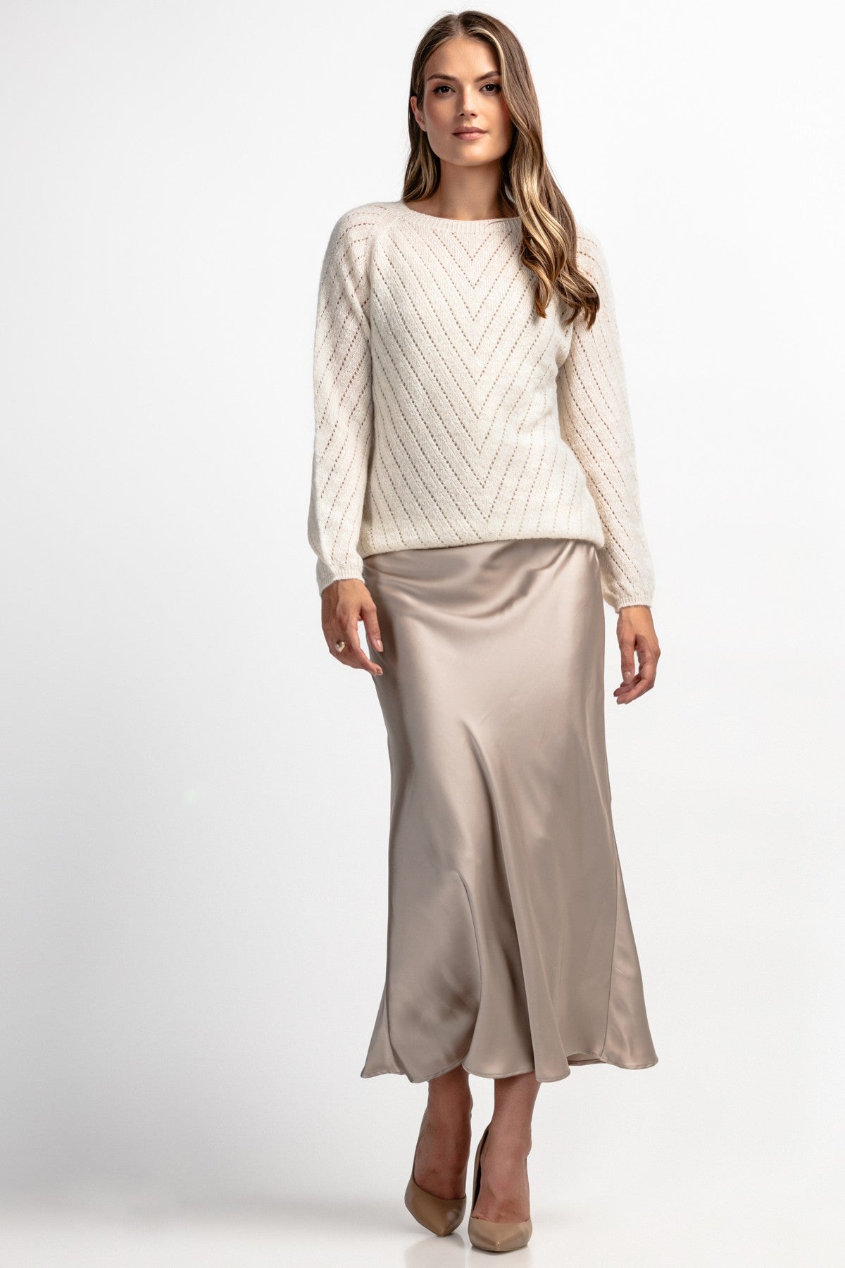 Klasyczny sweter z jedwabiu i wełny alpaki ecru - 2