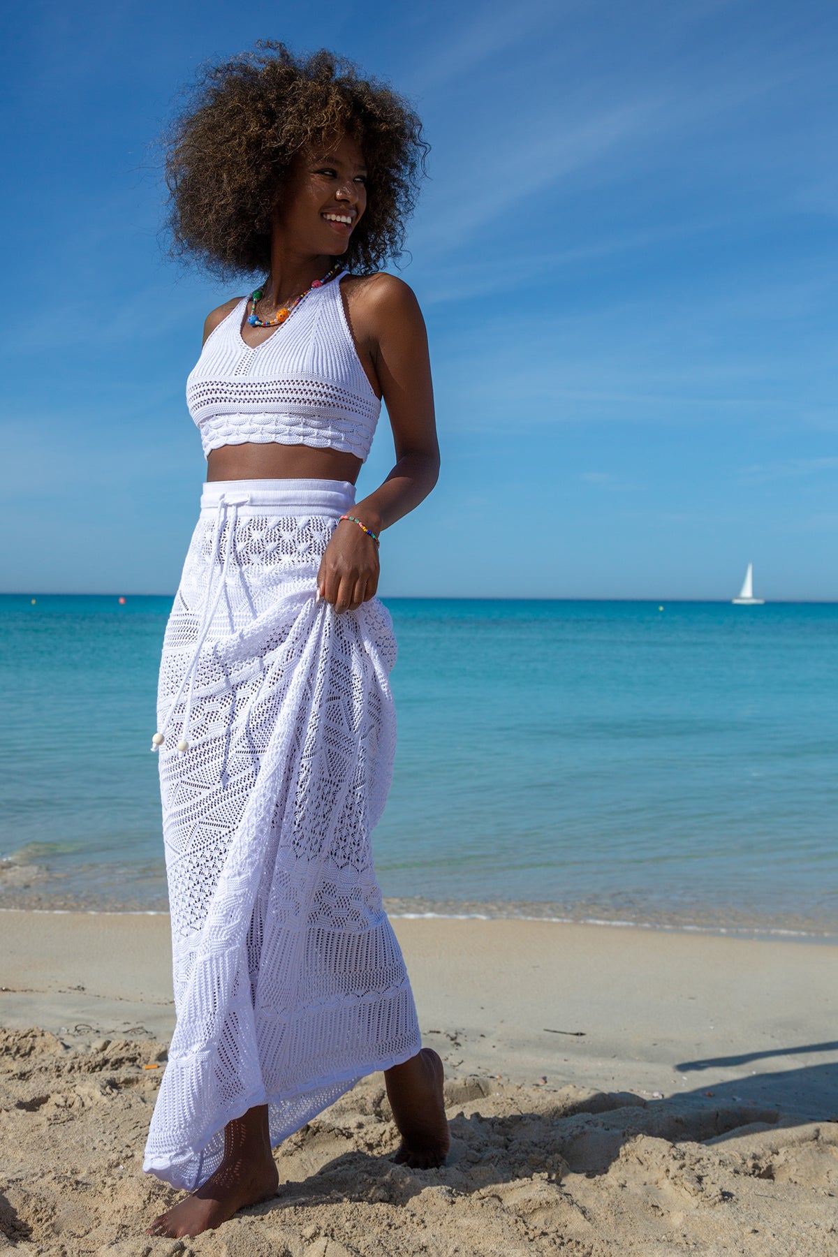 Kolorowy, bawełniany ażurowy komplet top i długa spódnica biały - 8