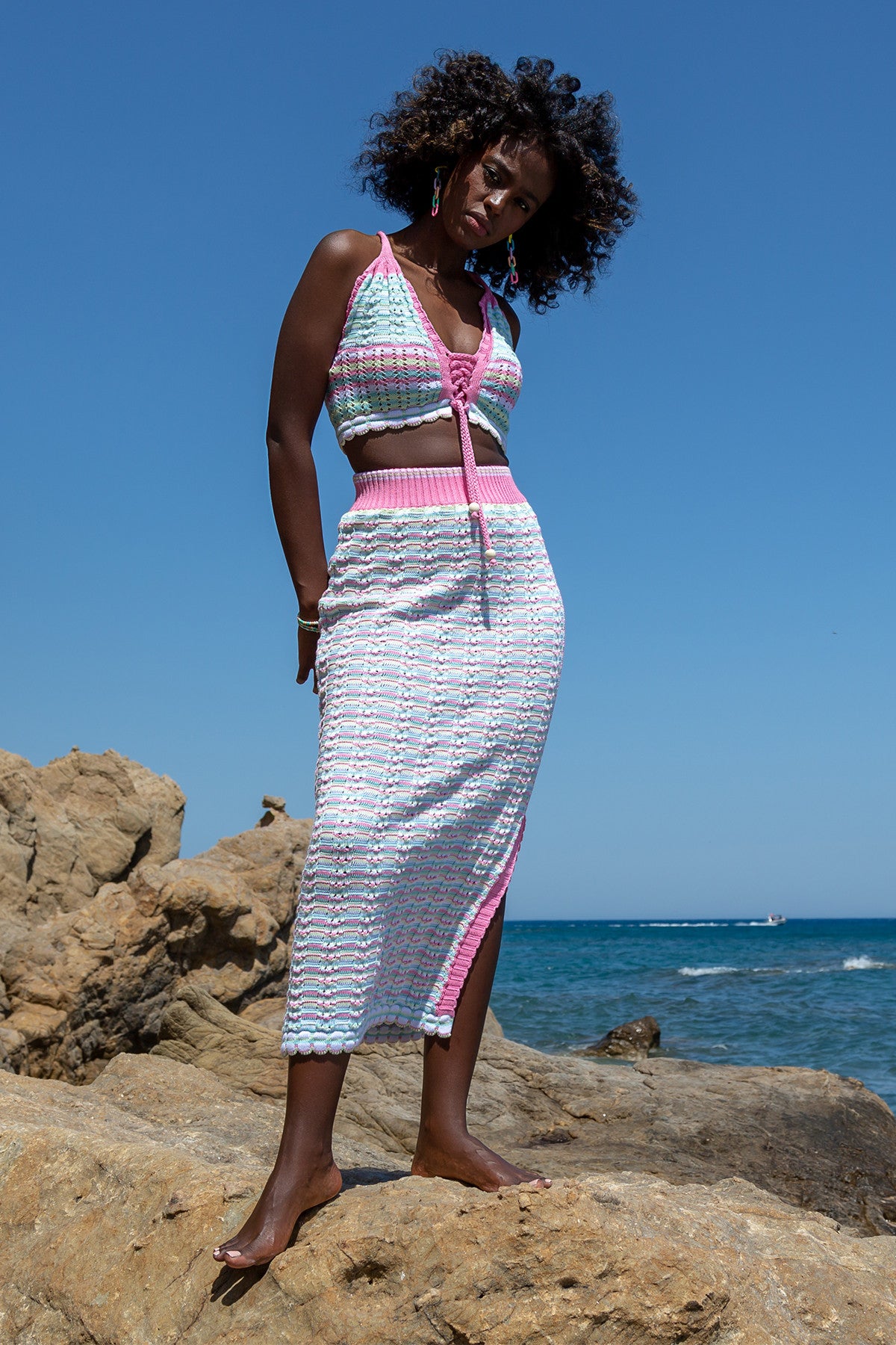 Komplet ażurowy top i długa spódnica różowy - 2