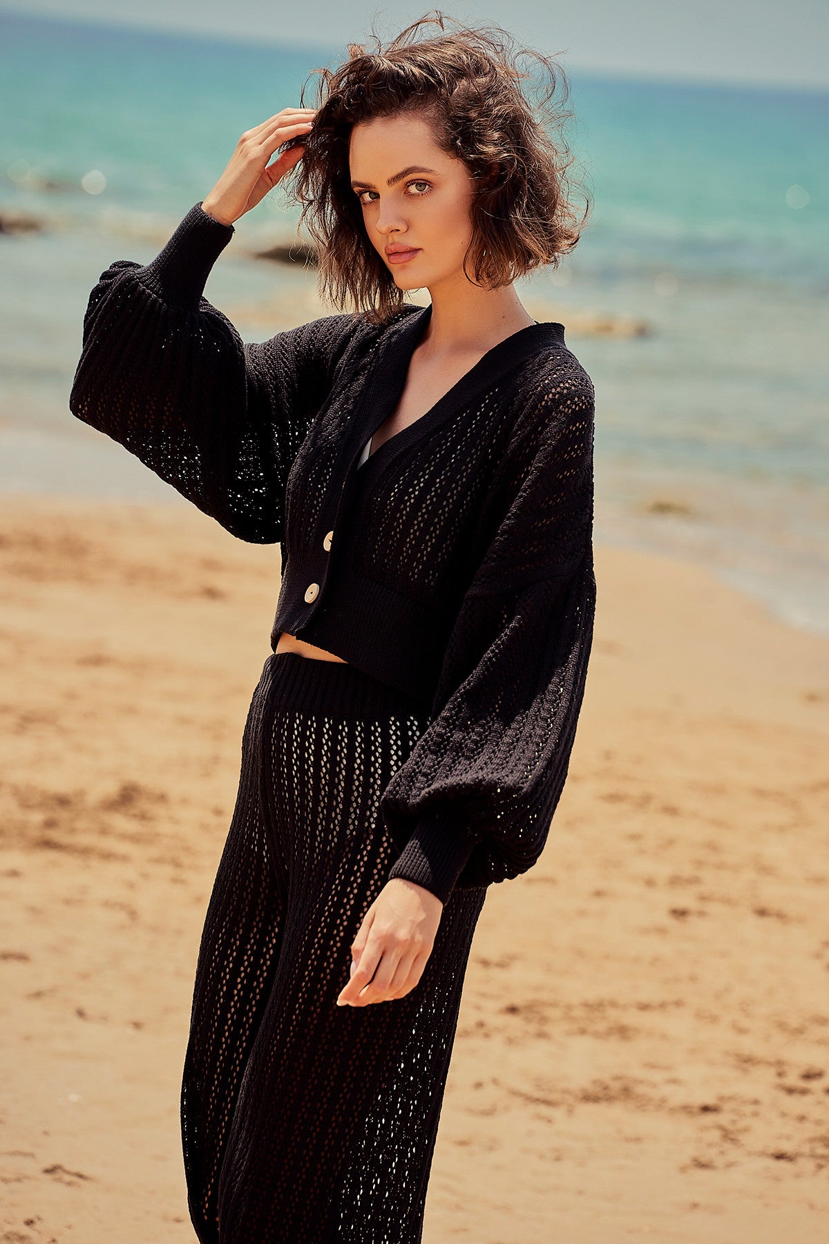 Komplet bawełniany ażurowy czarny - 1