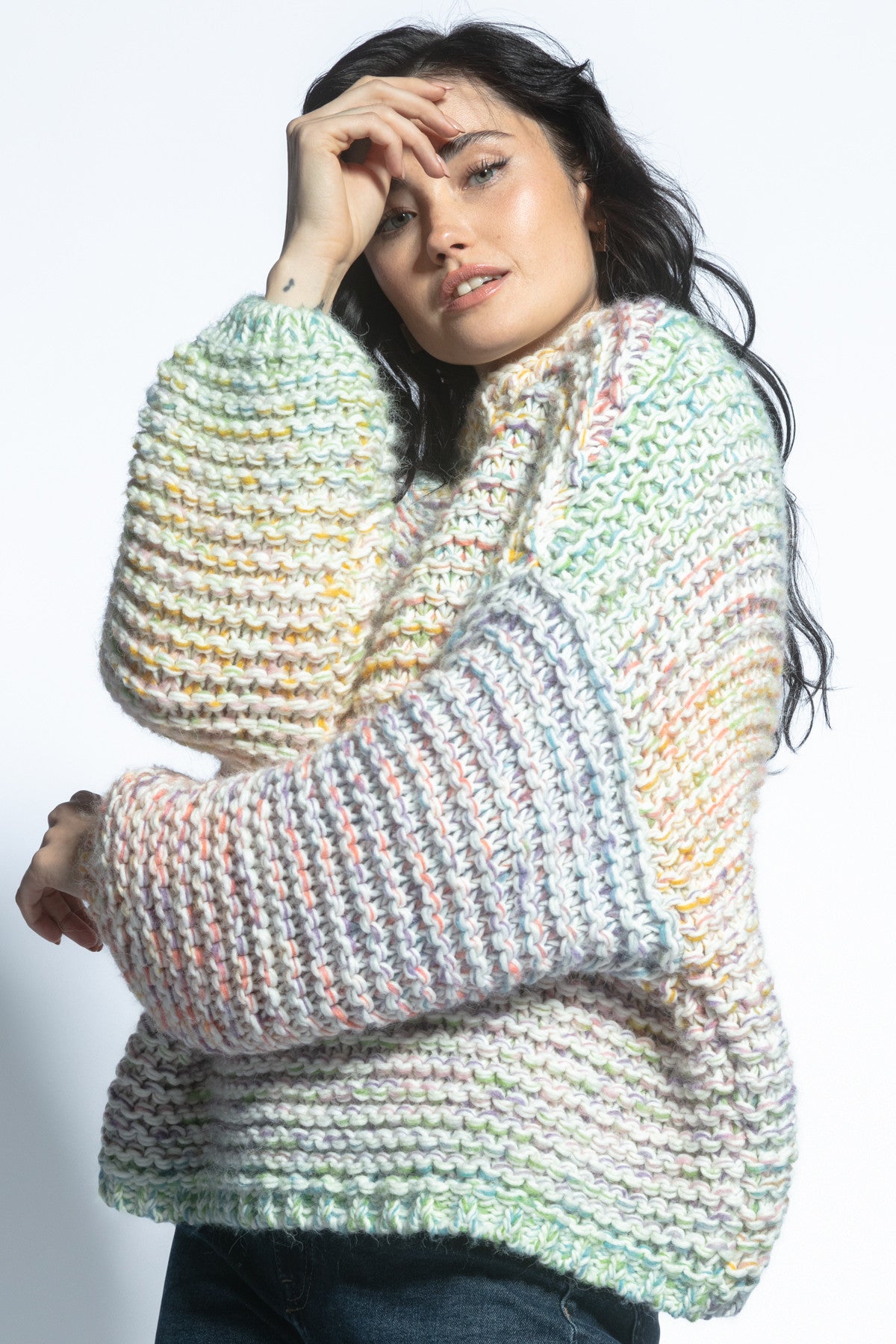 Multikolorowy sweter o grubym splocie Chunky Knit zielony - 1