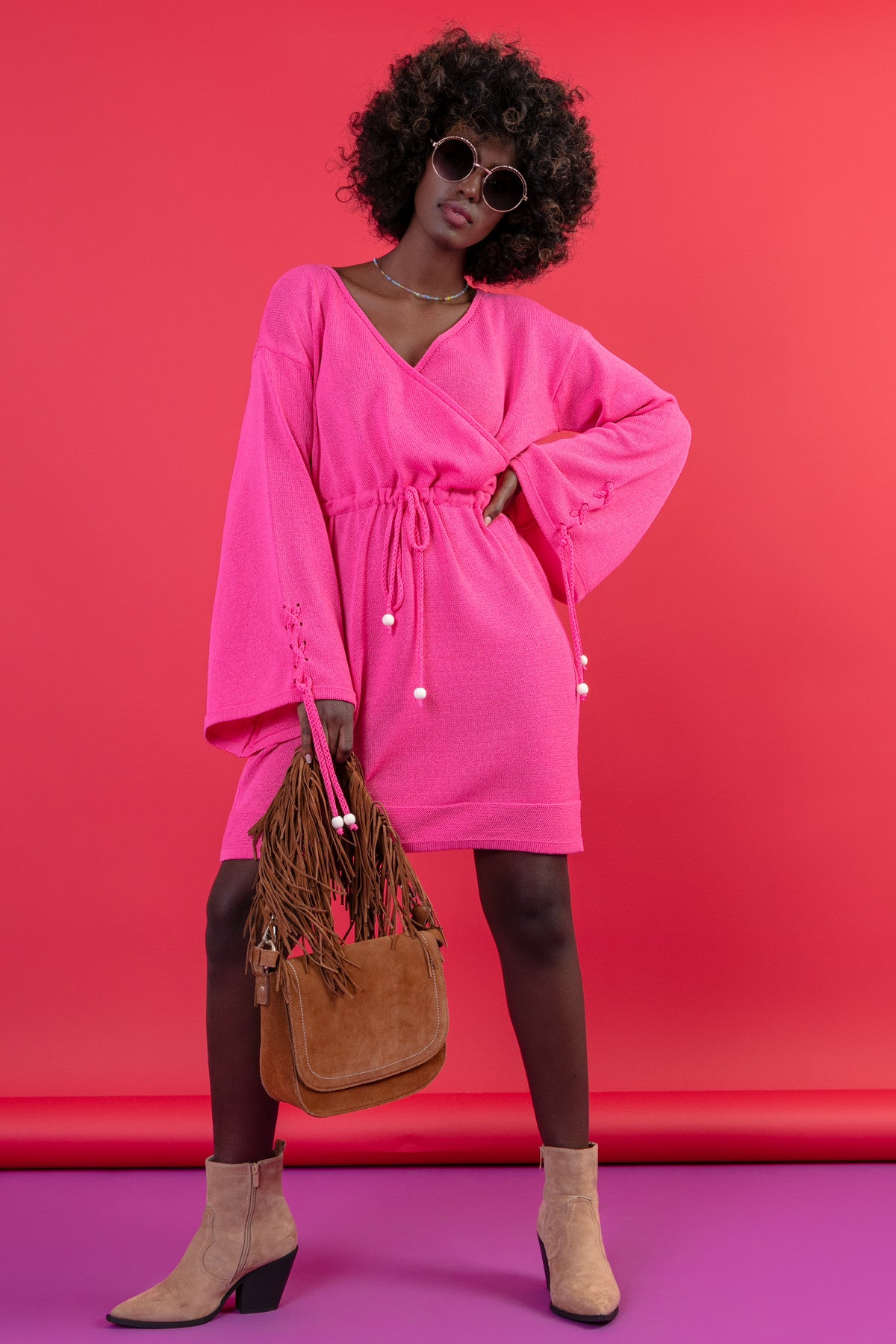 Sukienka kopertowa w stylu boho amarant różowy - 5