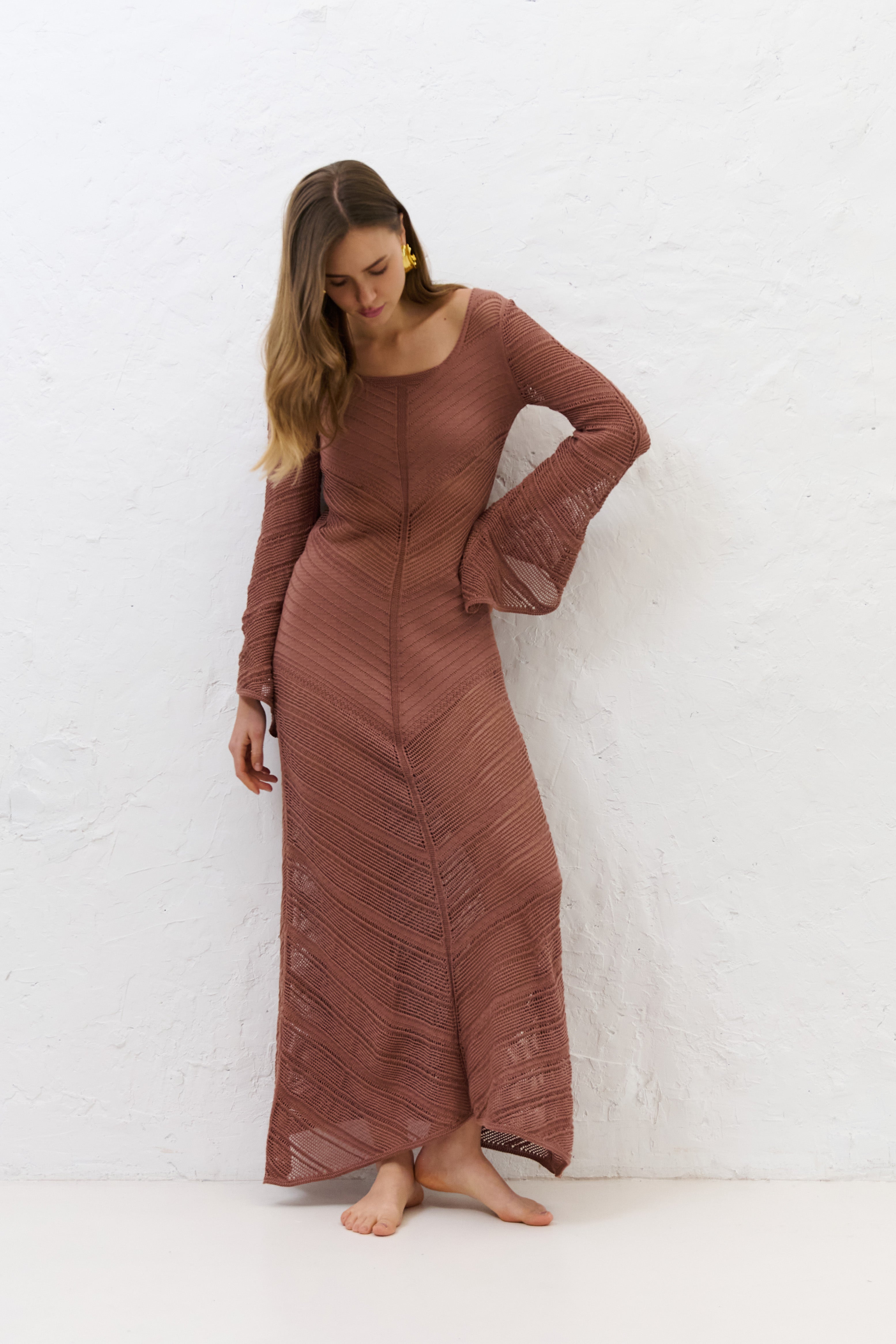 Długa ażurowa sukienka Cotton Mirage mocca