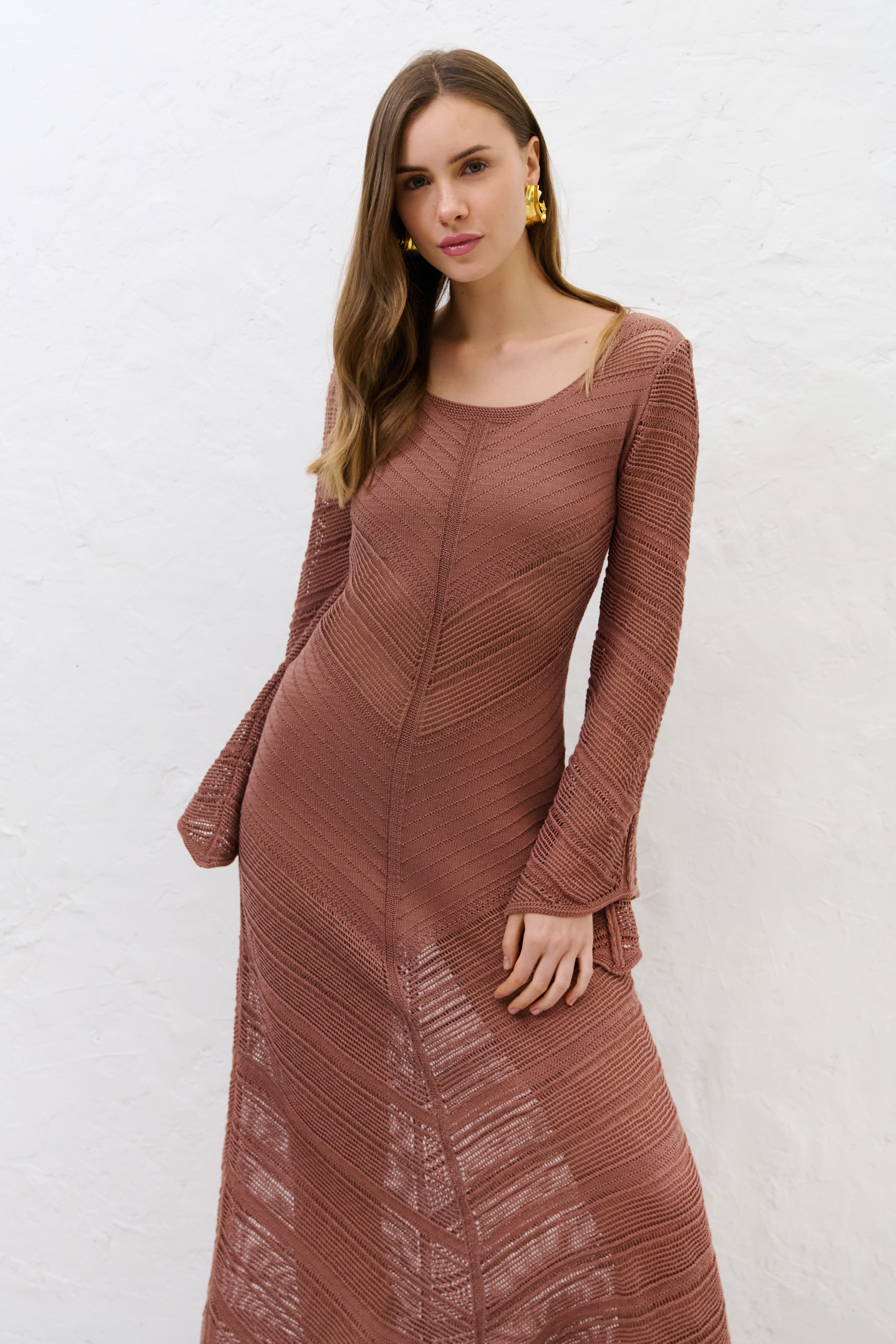 Długa ażurowa sukienka Cotton Mirage mocca