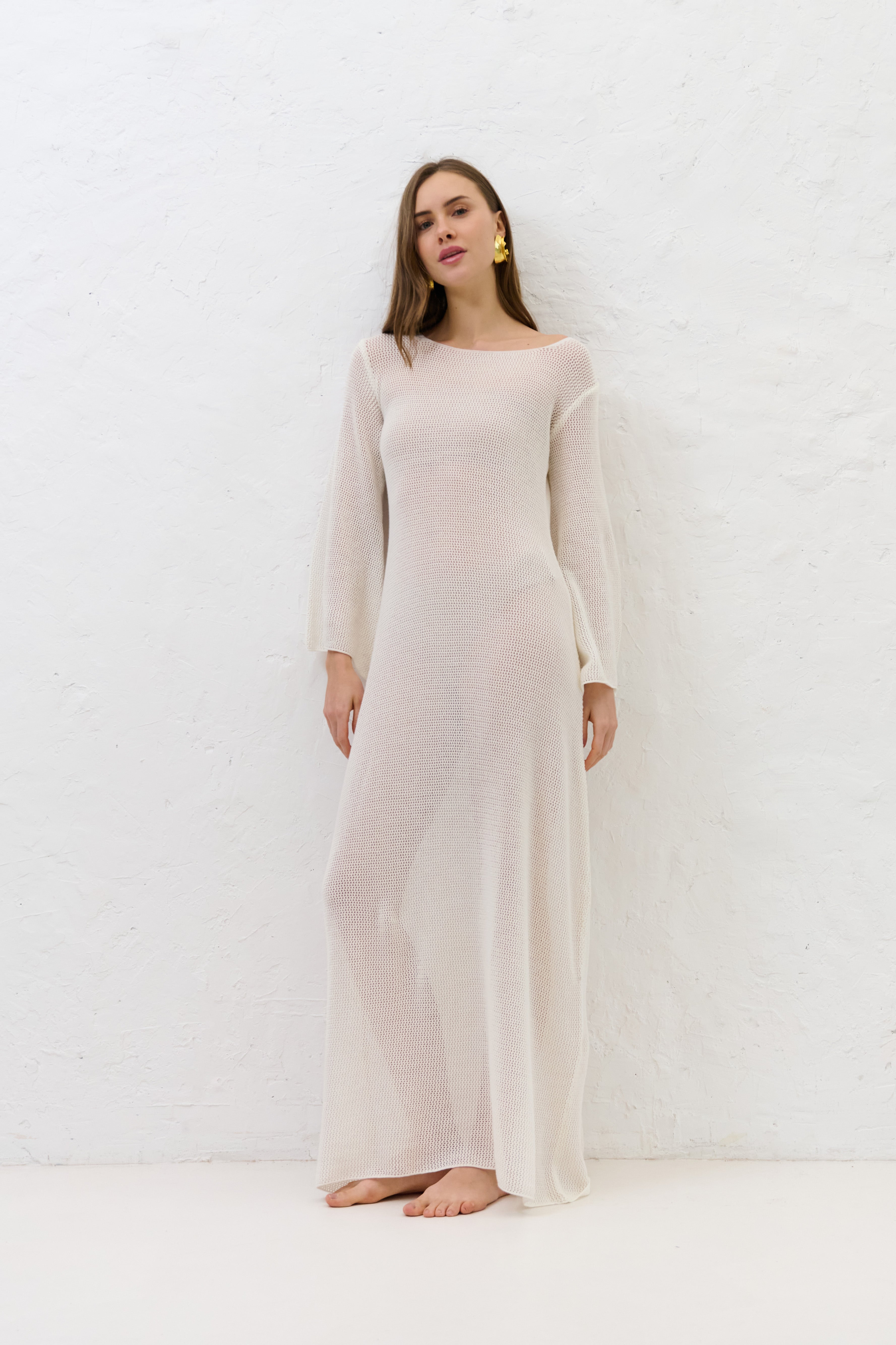 Długa letnia sukienka z bawełny organicznej i kaszmiru Sablé ecru