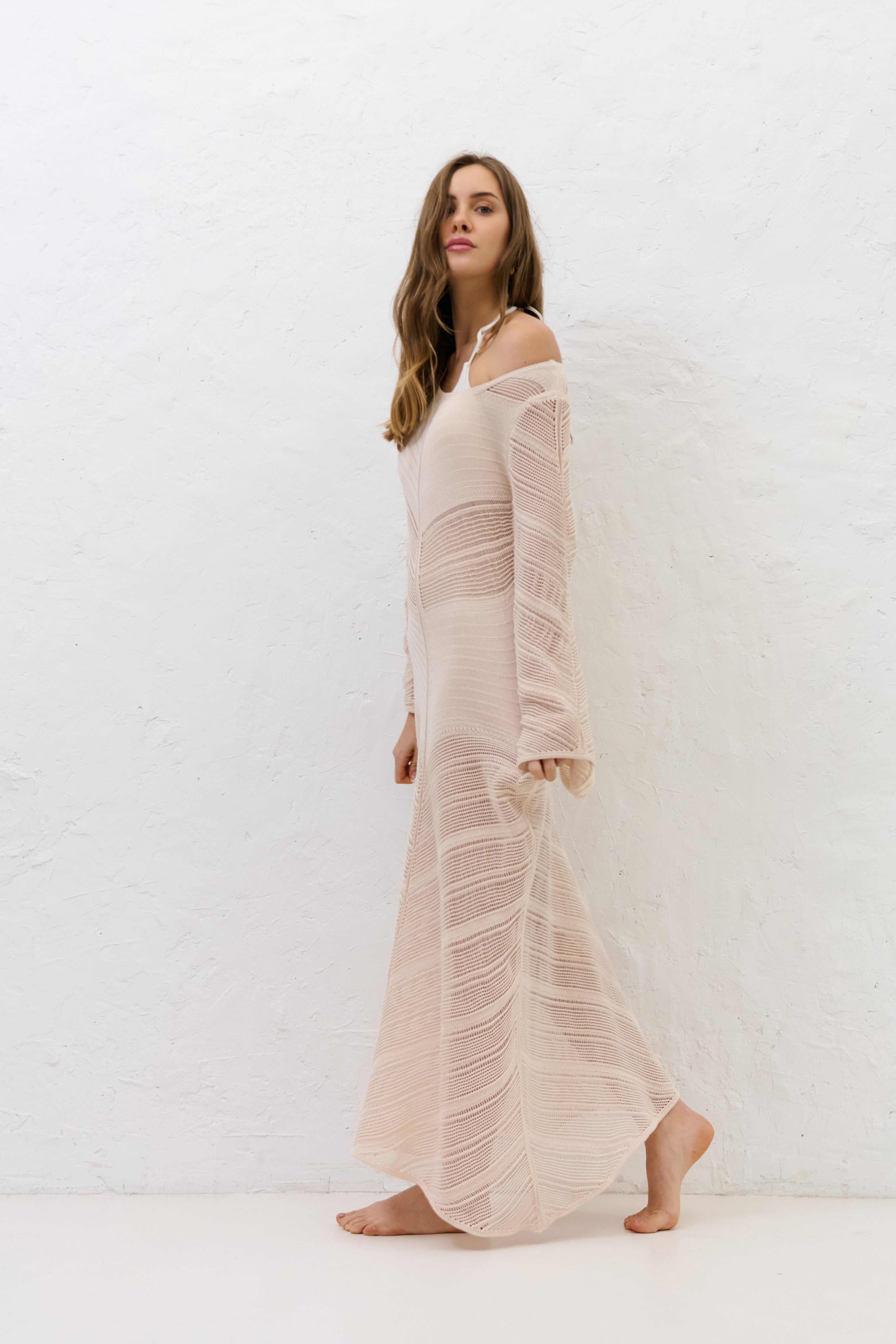 Długa ażurowa sukienka Cotton Mirage beżowy