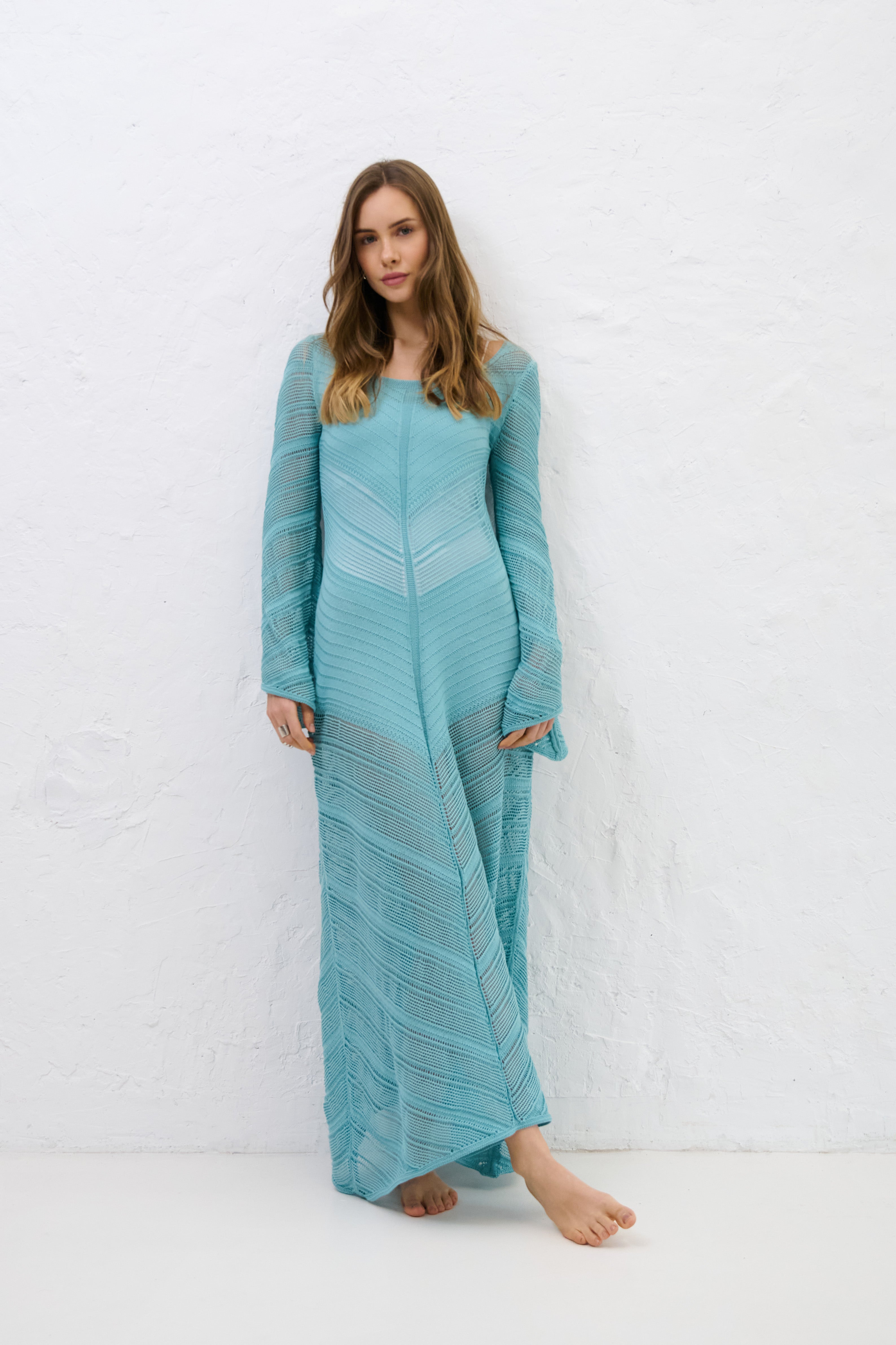 Długa ażurowa sukienka Cotton Mirage niebieski