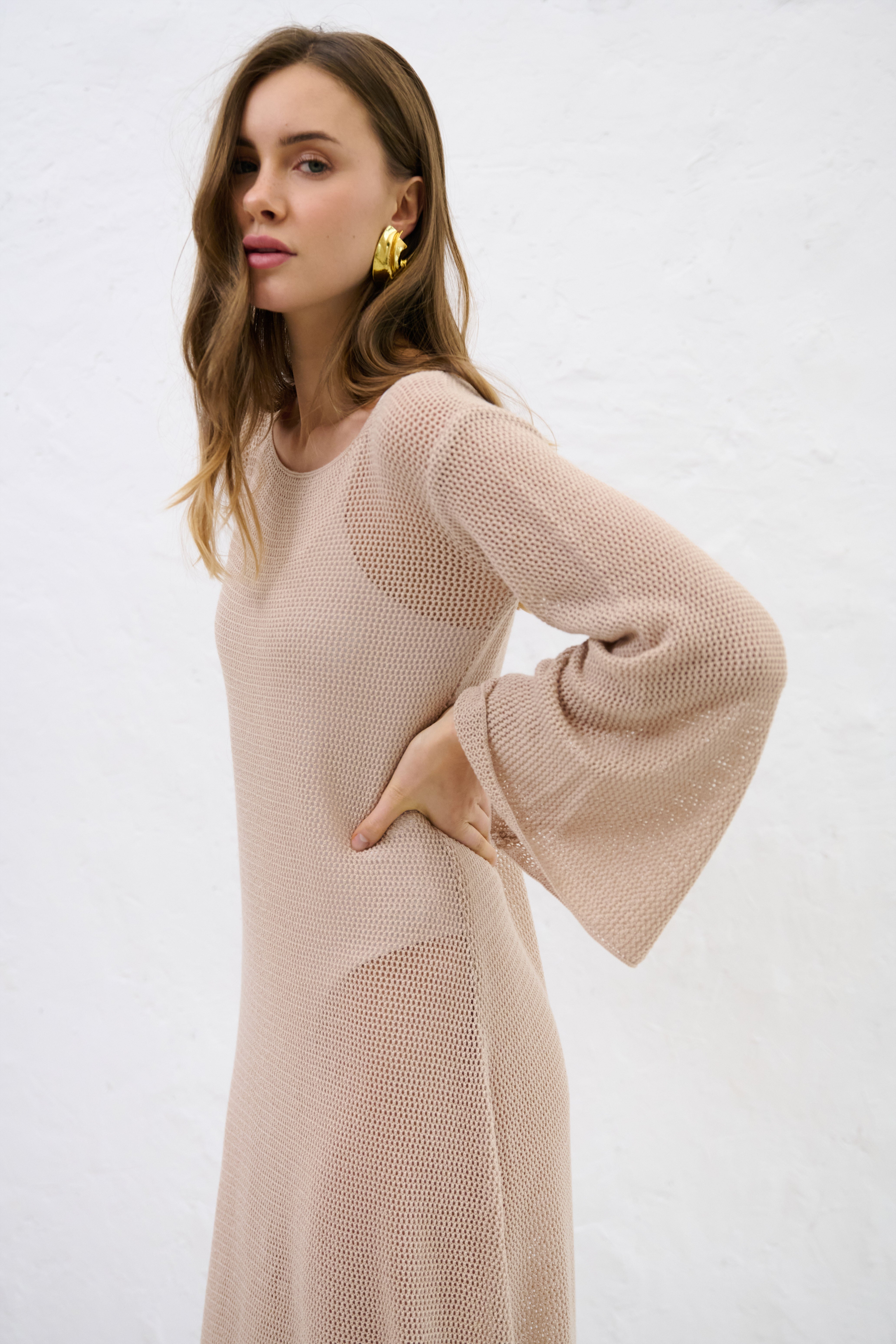 Długa letnia sukienka z bawełny organicznej i kaszmiru Sablé beżowa