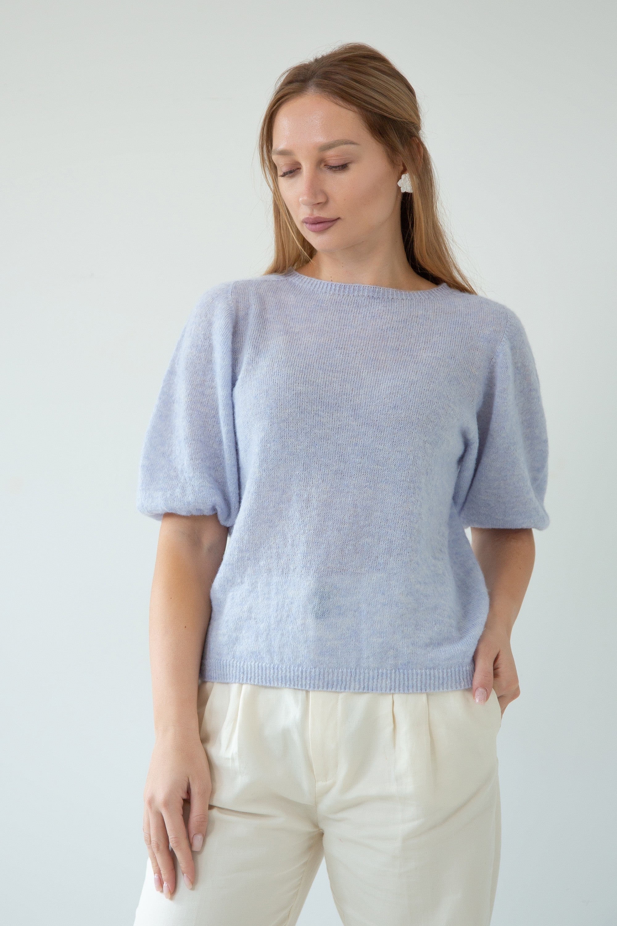 Sweter z krótkim rękawem z wełny baby alpaka i wełny virgin niebieski - 2