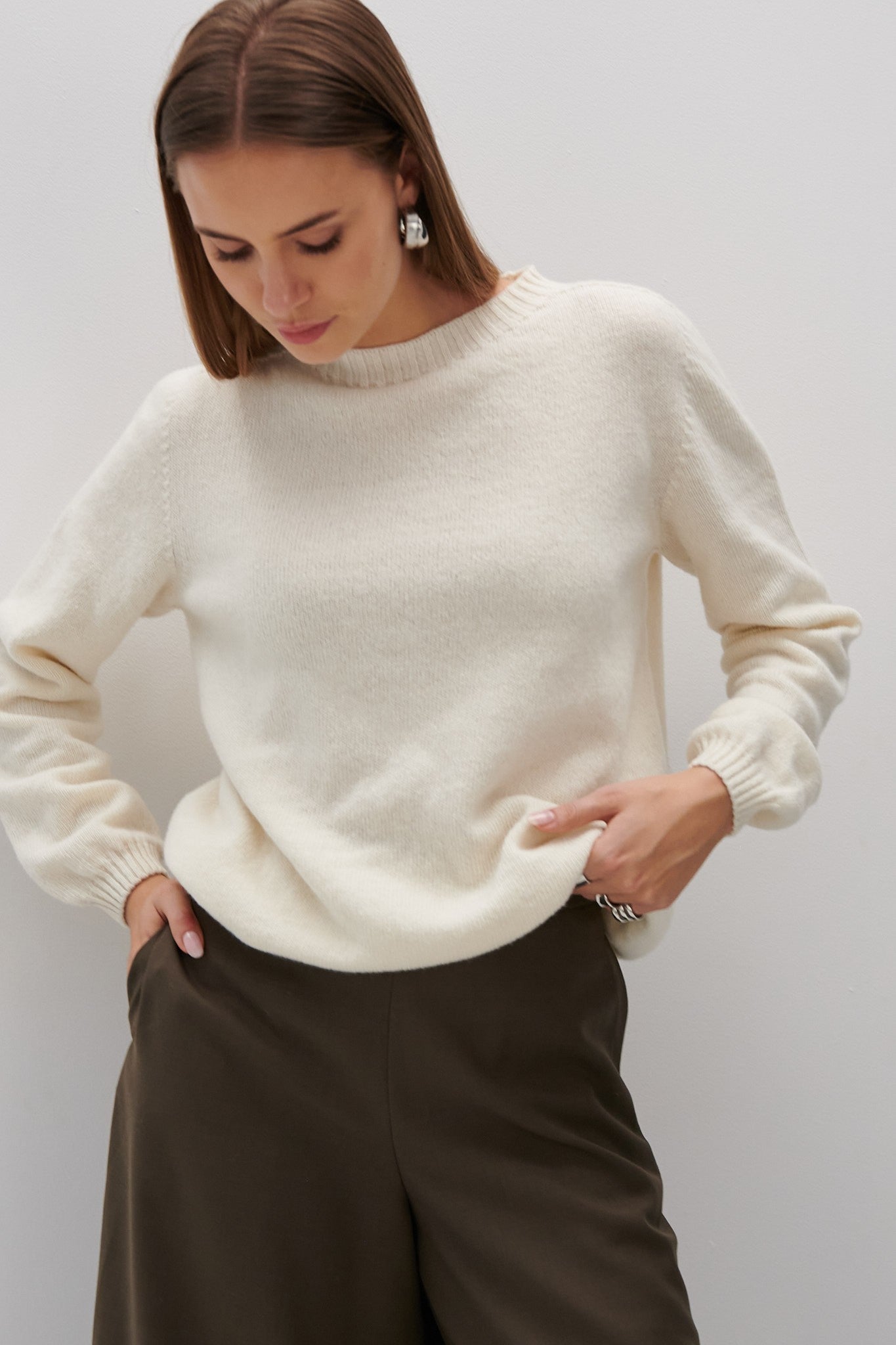 Sweter z wełny merynos ecru - 1