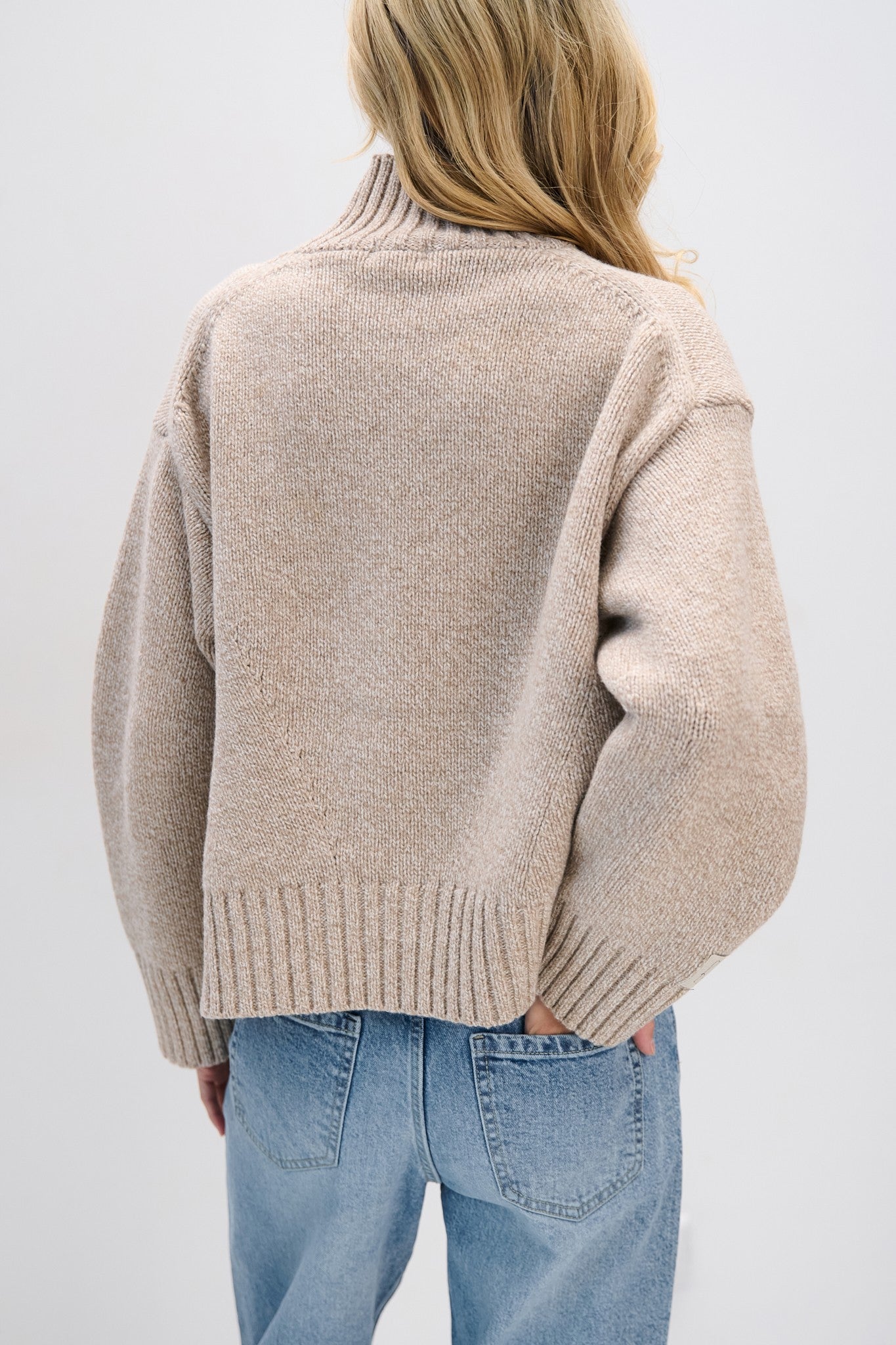 Sweter z wełny merynos o grubym splocie półgolf beżowy - 3