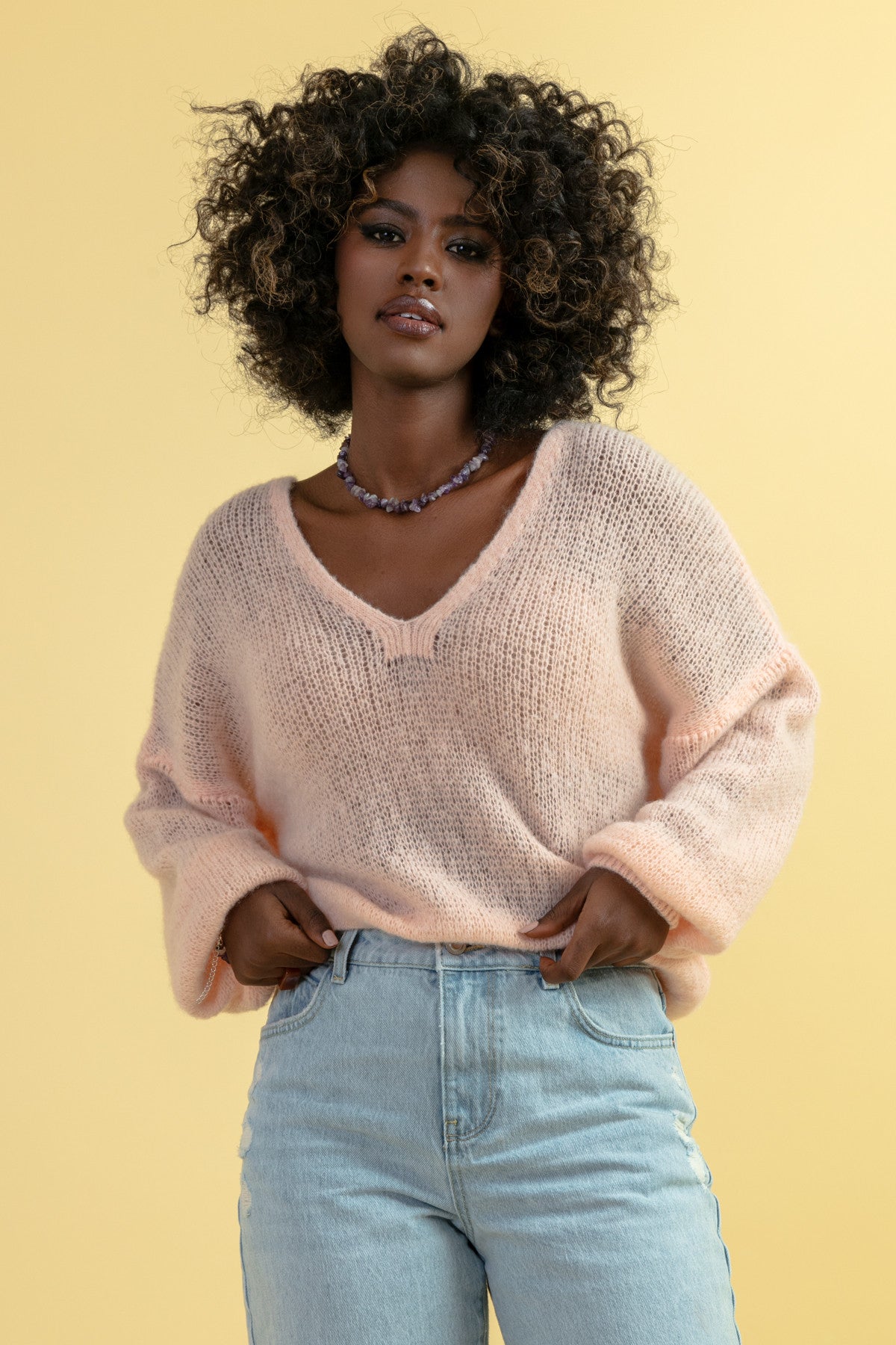 Sweter z wełny merynos róż pudrowy róż - 2