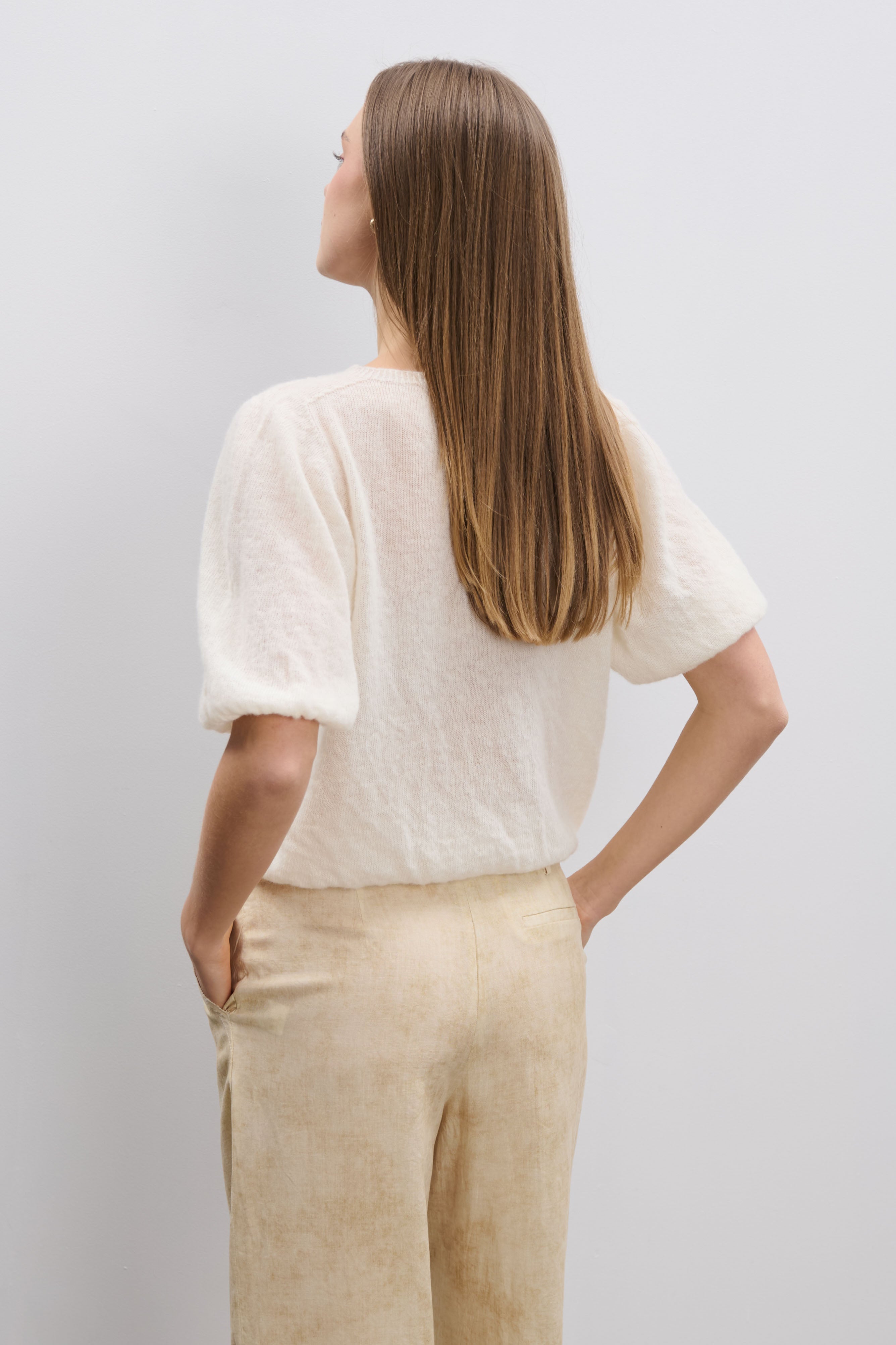 Kurzärmeliger Pullover aus Babyalpaka und Schurwolle in Rosa