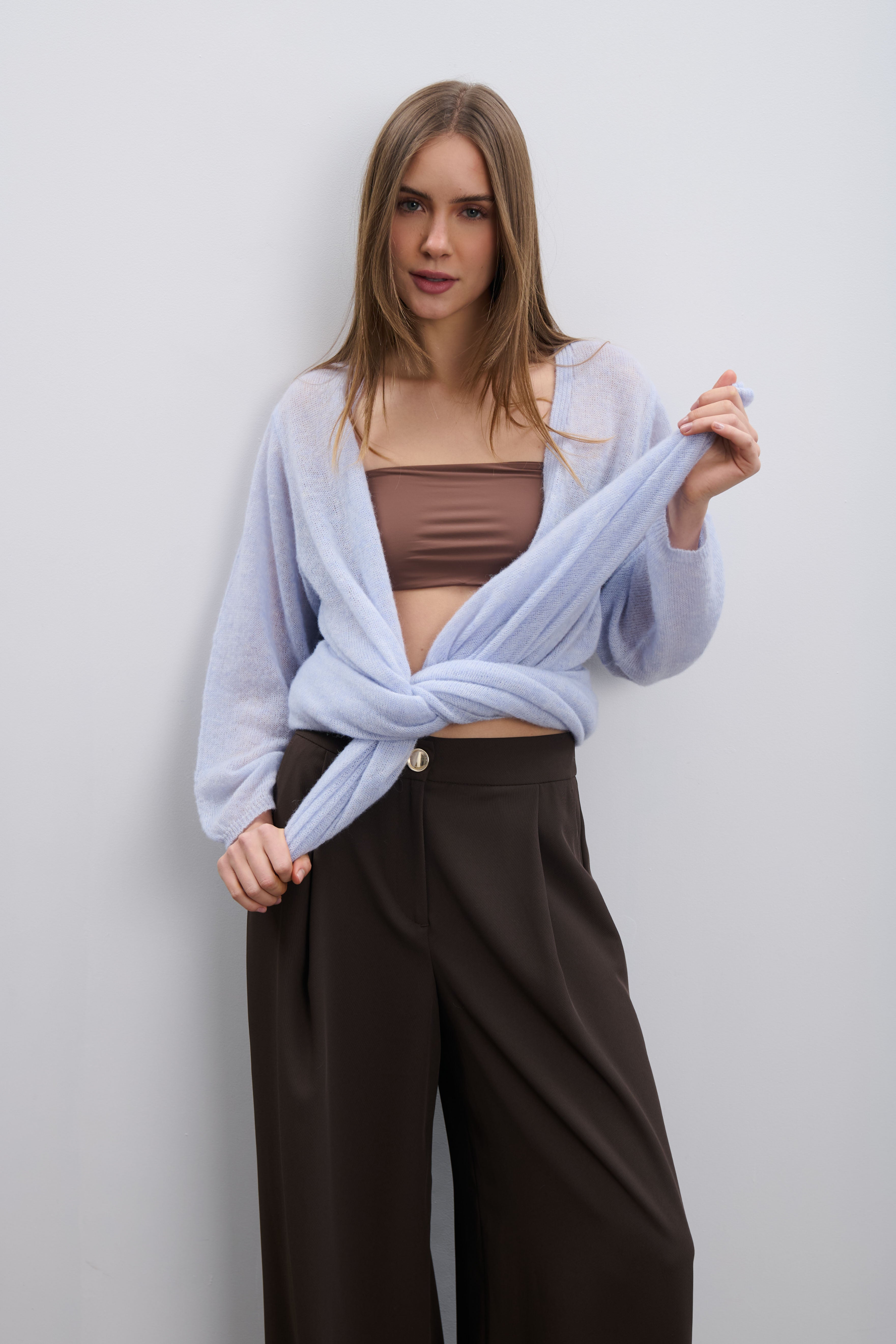 Langer Cardigan aus Babyalpakawolle und Schurwolle, blau