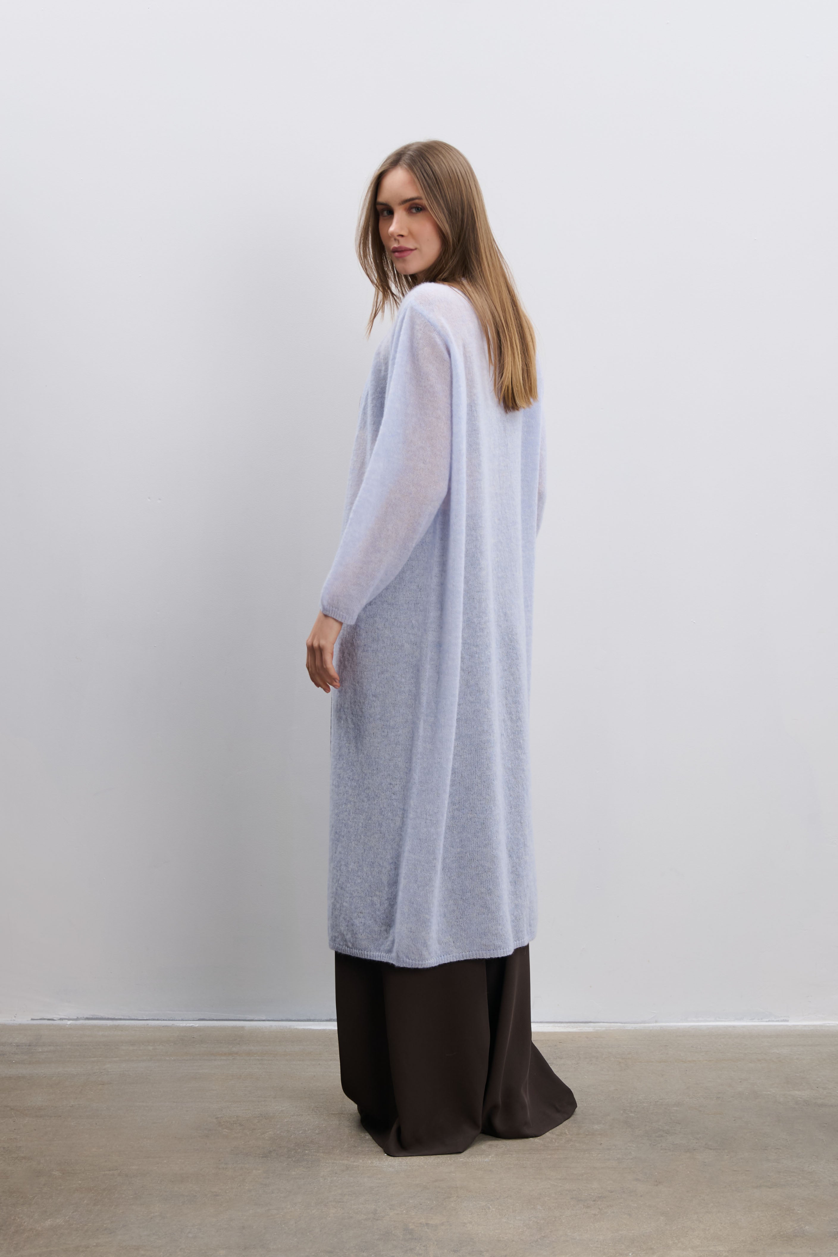 Langer Cardigan aus Babyalpakawolle und Schurwolle, blau