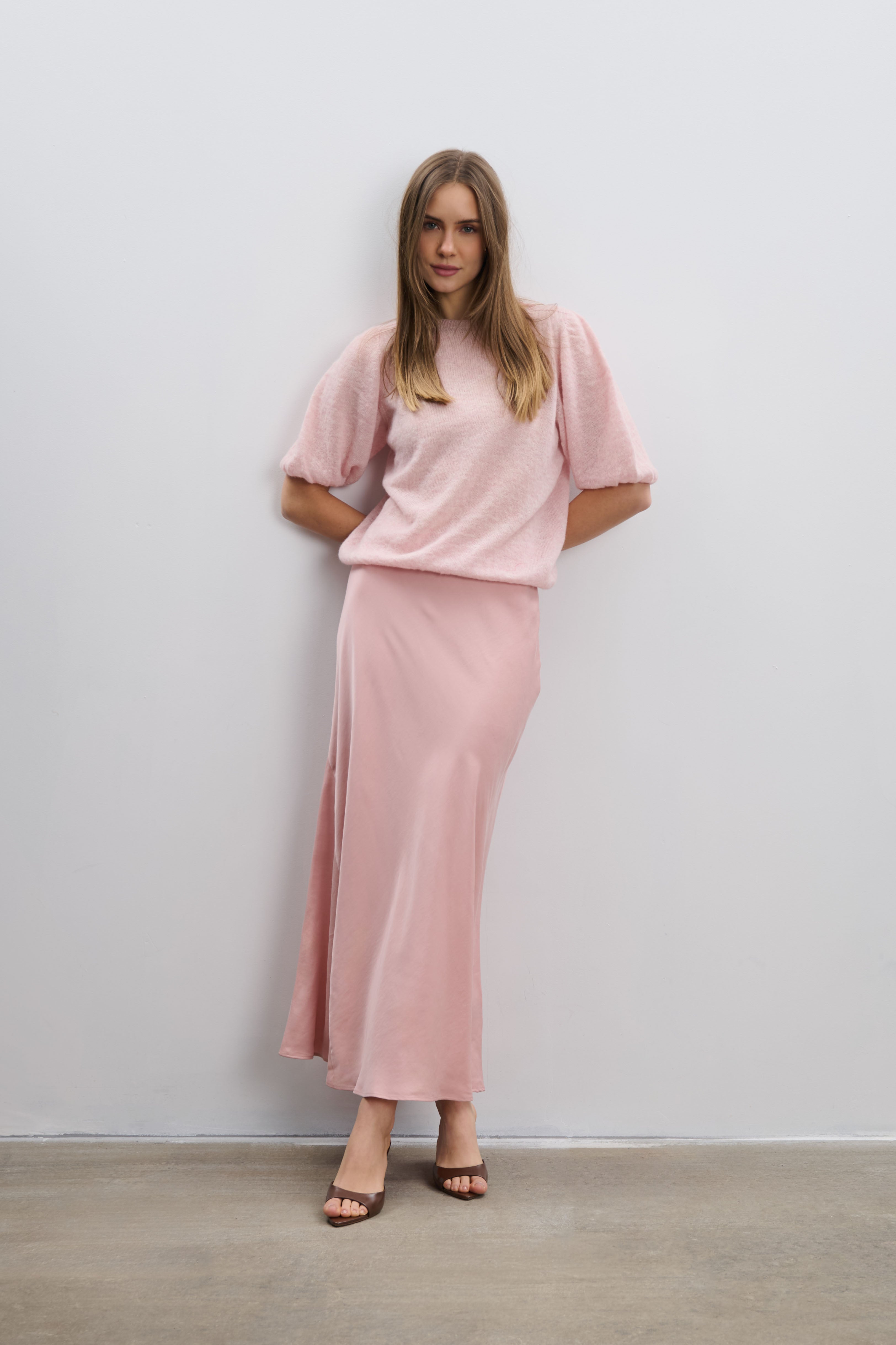 Sweter z krótkim rękawem z wełny baby alpaka i wełny virgin różowy