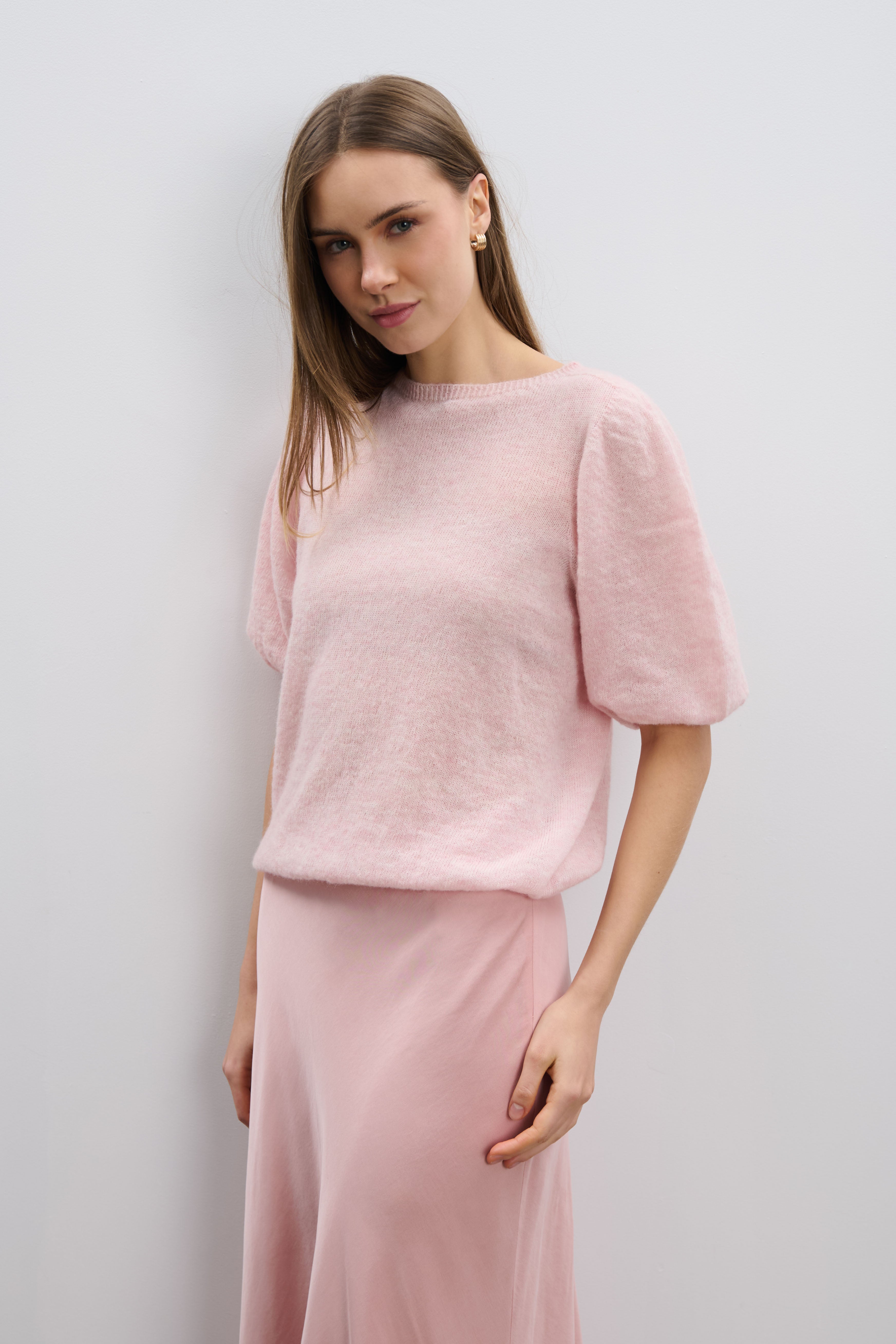 Kurzärmeliger Pullover aus Babyalpaka und Schurwolle in Rosa