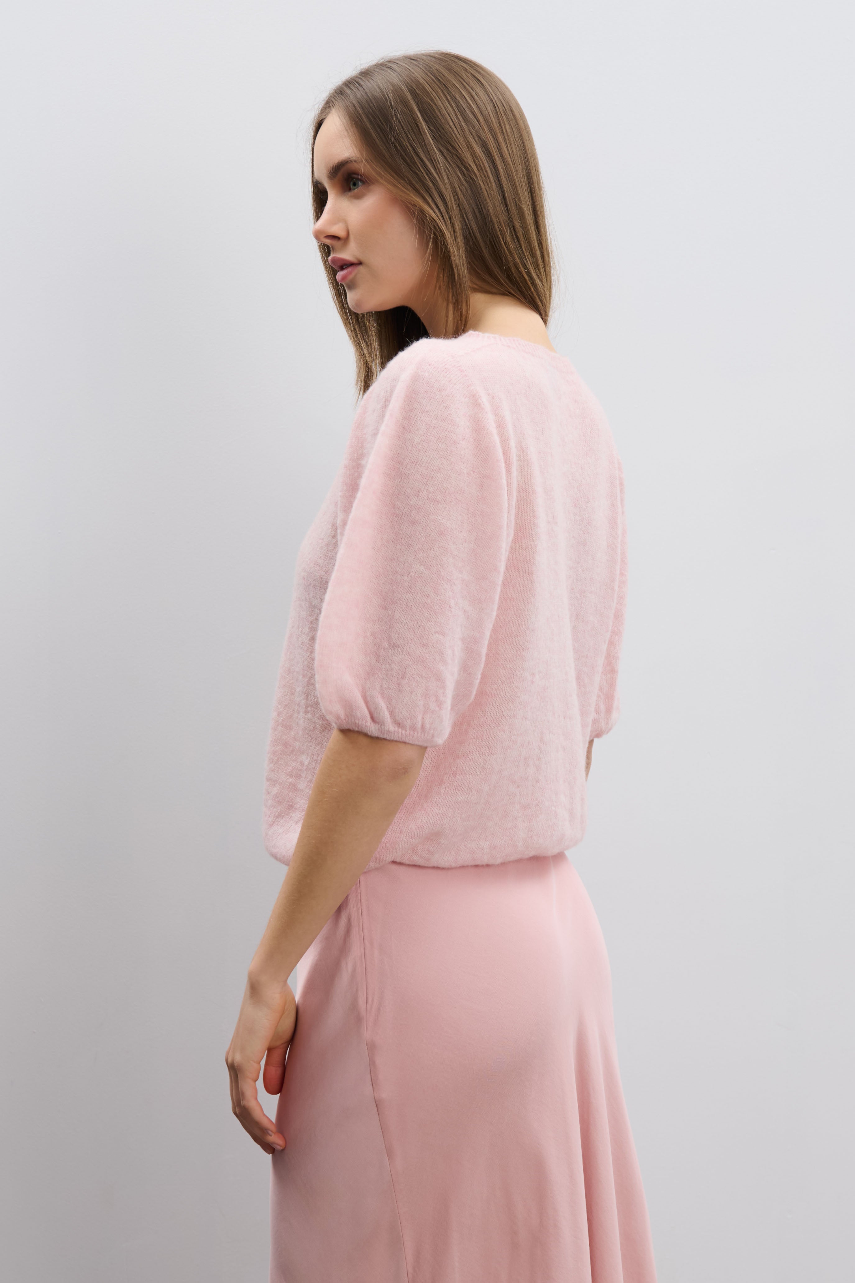 Kurzärmeliger Pullover aus Babyalpaka und Schurwolle in Rosa