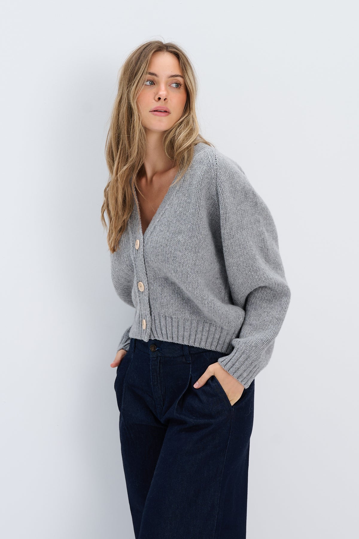 Velvet Core Cashmere and Merino Wool Cardigan, Pink