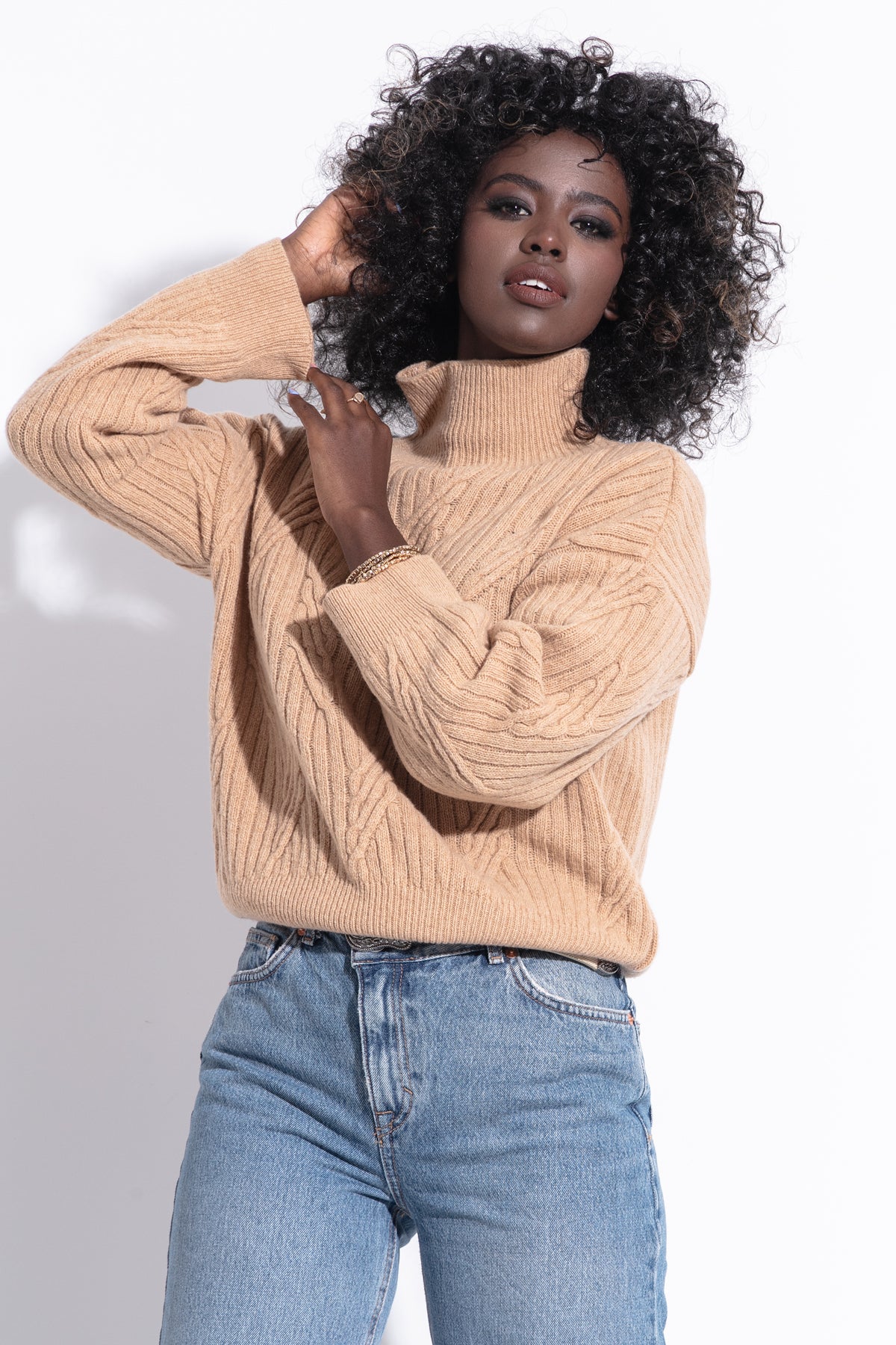 Wełniany klasyczny sweter golf premium karmelowy - 2